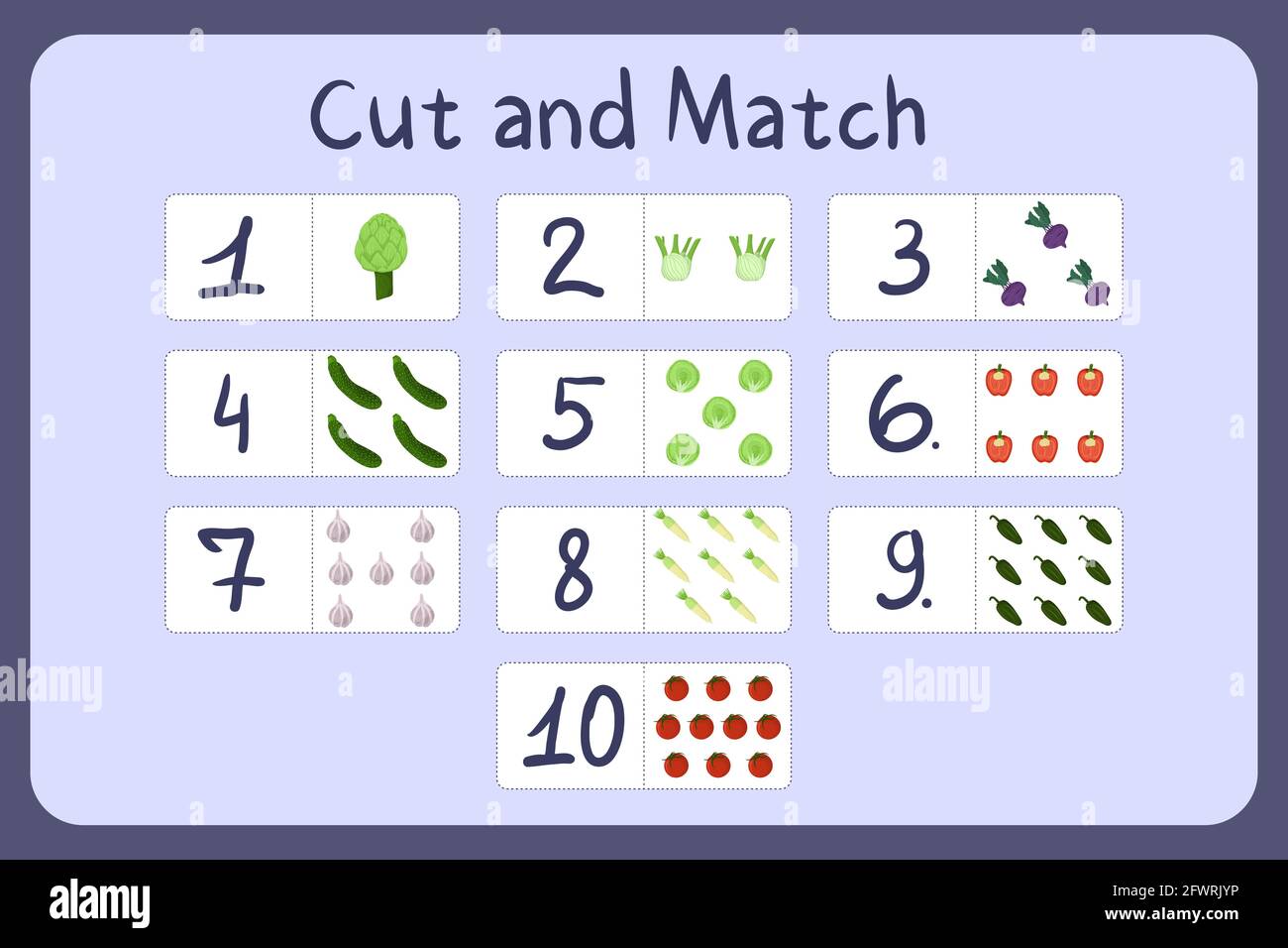 Cartes flash avec numéros pour enfants, ensemble de 4. Coupez et associez des photos avec des chiffres et des fruits. Illustration pour la conception de jeux mathématiques éducatifs. Feuille de travail imprimable. Modèle de vecteur de dessin animé. Illustration de Vecteur