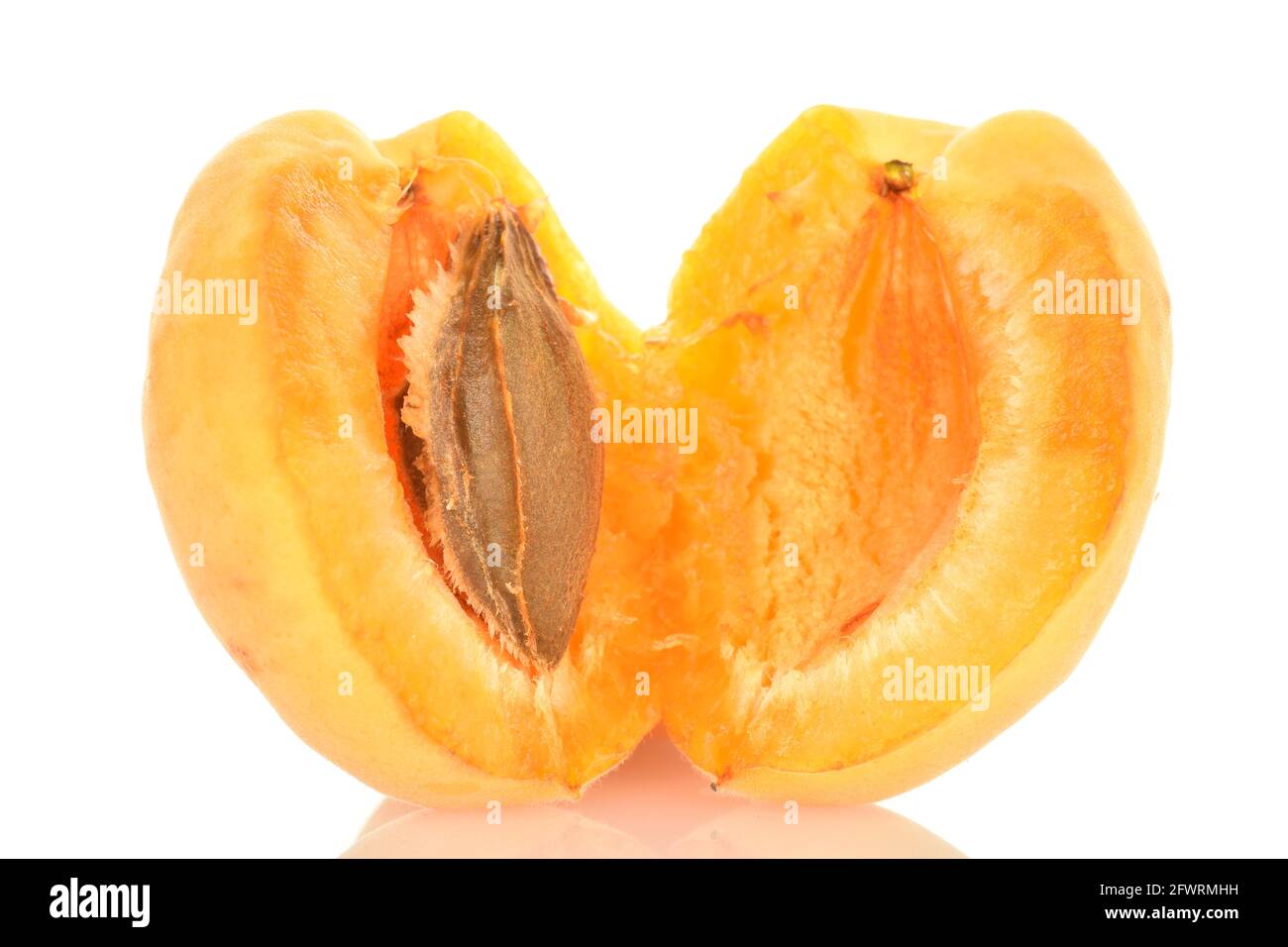 Deux moitiés d'abricot ananas avec une graine, macro, isolée sur blanc. Banque D'Images