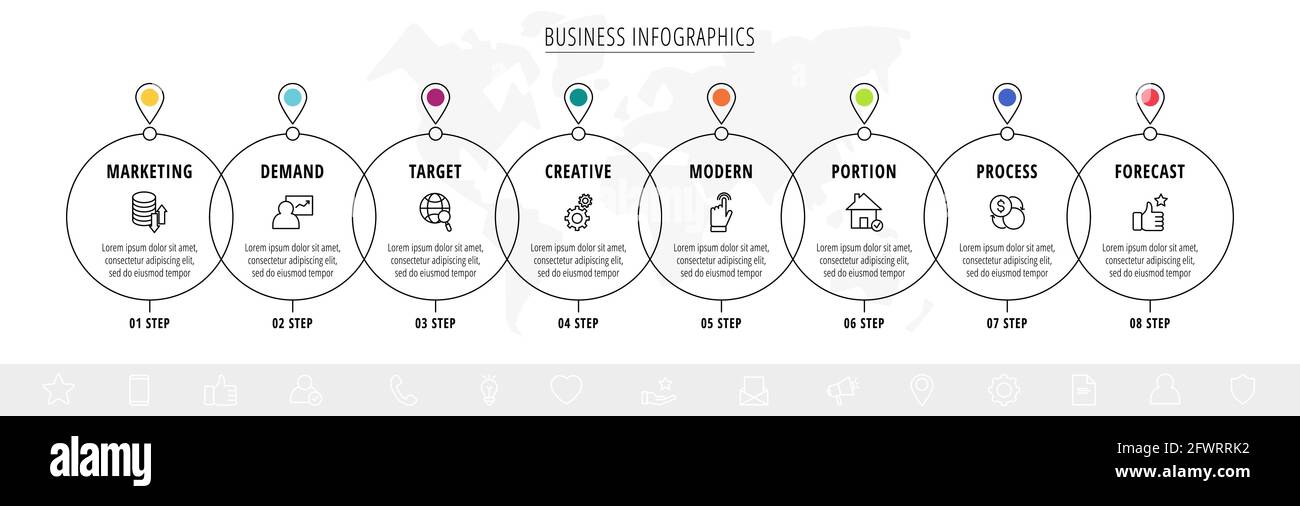 Infographie moderne et vectorielle avec icônes et 8 étapes. Cercles avec des lignes fines pour l'application, le site Web, l'interface, le graphique, les niveaux, schéma Illustration de Vecteur