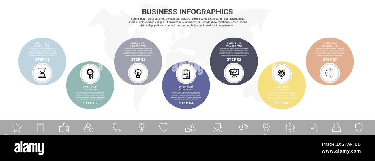 Graphiques vectoriels en sept étapes à partir de cercles avec icônes. Concept de chronologie moderne pour graphique, niveaux, web, diagramme, bannière, présentations, affaires Illustration de Vecteur