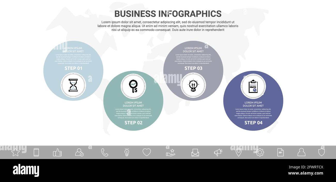 Graphiques vectoriels en quatre étapes à partir de cercles avec icônes. Concept de chronologie moderne pour graphique, niveaux, web, diagramme, bannière, présentations, affaires Illustration de Vecteur