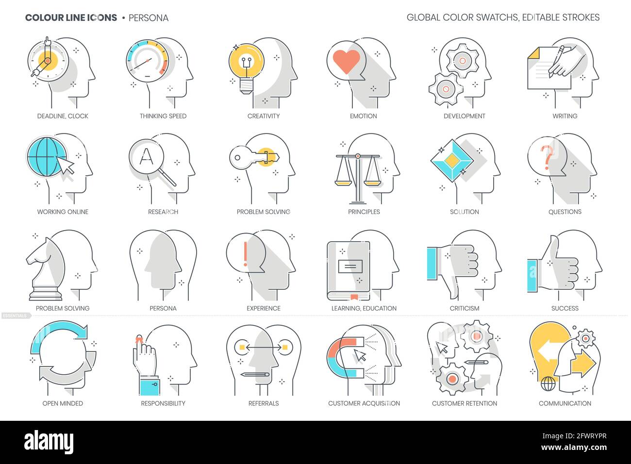 Associé à Persona, ligne de couleur, icône de vecteur, jeu d'illustrations Illustration de Vecteur