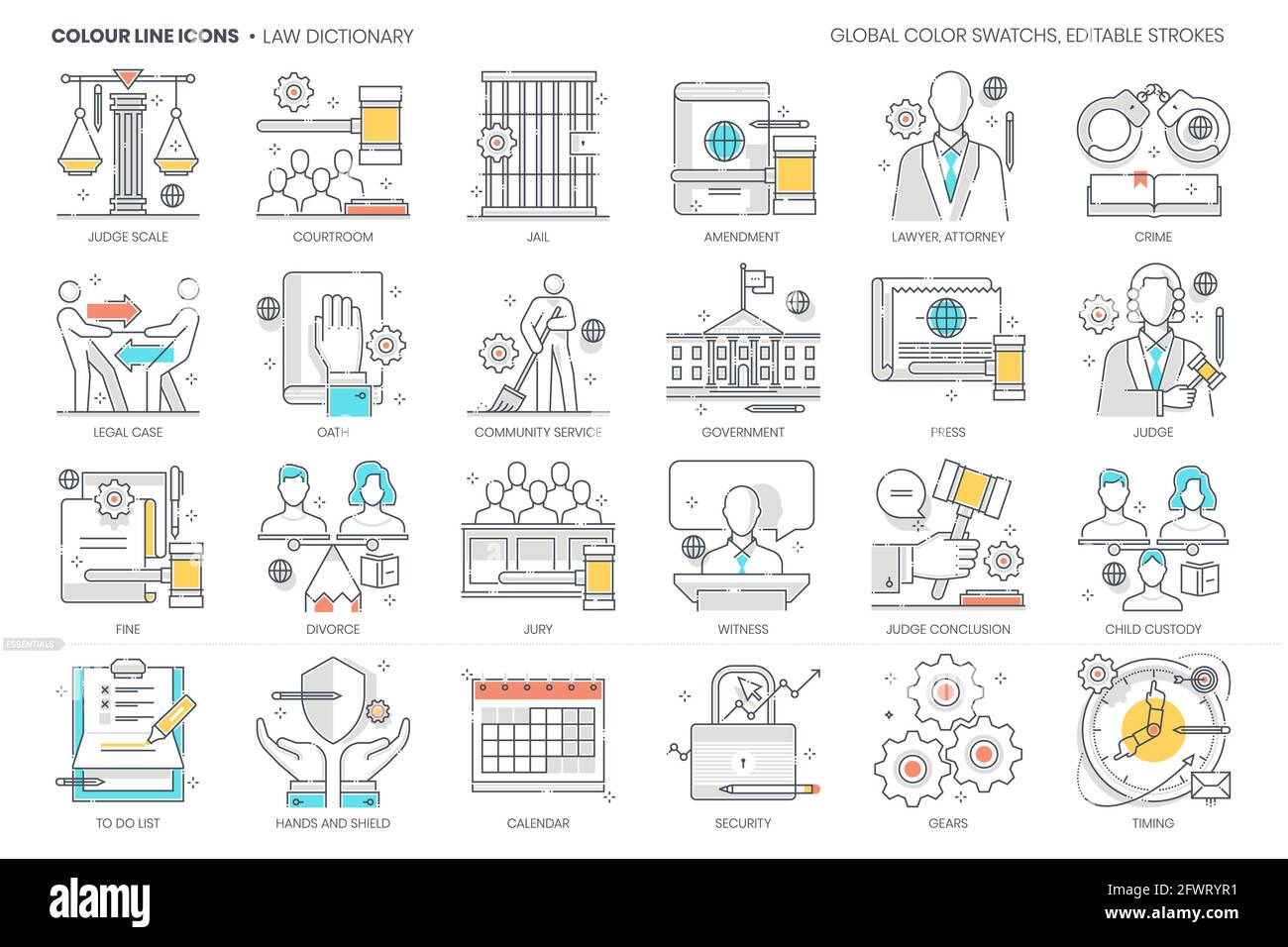 Lié au dictionnaire de lois, ligne de couleur, icône de vecteur, jeu d'illustrations Illustration de Vecteur