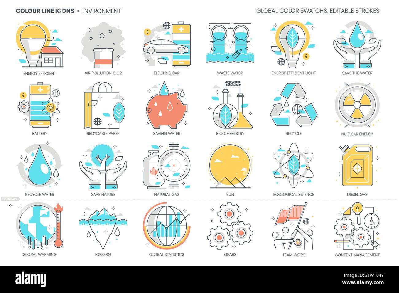 Environnement, pollution, ligne de couleur, icône de vecteur, jeu d'illustrations Illustration de Vecteur