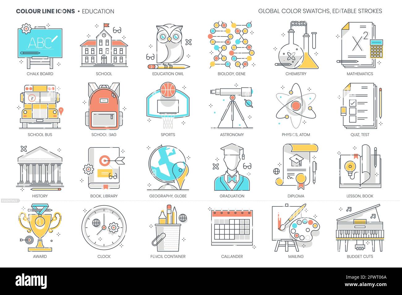 Éducation, école, ligne de couleur, icône vectorielle, jeu d'illustrations. Illustration de Vecteur