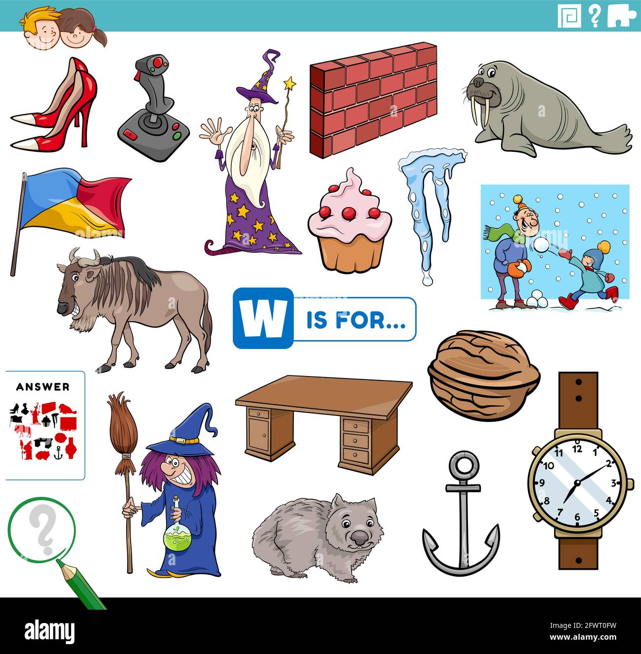 Illustration de dessin animé de la recherche d'images commençant par lettre W éducatif feuille de travail pour les enfants avec des objets et des personnages de bande dessinée Illustration de Vecteur