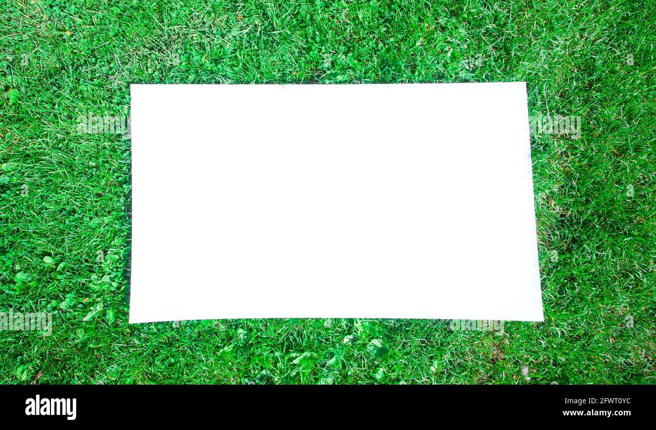 tableau blanc vide sur fond vert herbe, espace vide pour votre texte. scène nature Banque D'Images
