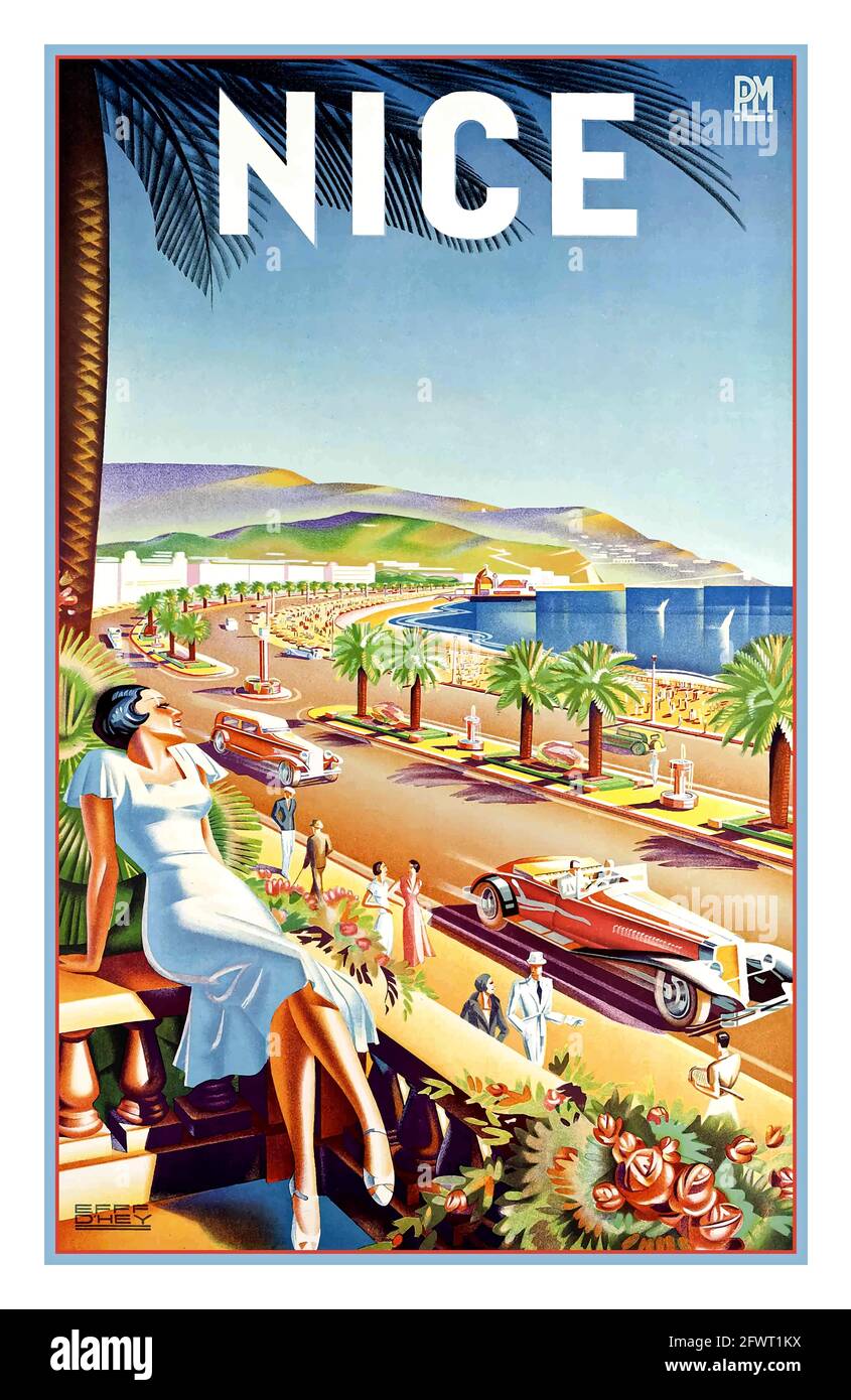 Nice France Vintage 1940 affiche de voyage PLM Français Rail Railway Plage mer et palmiers Côte d'Azur Vintage Publicité de voyage Art Poster pour Nice Côte d'Azur Sud de la France - Nice - PLM (artiste: D'Hey) France c. 1947 - affiche d'époque Art déco Banque D'Images