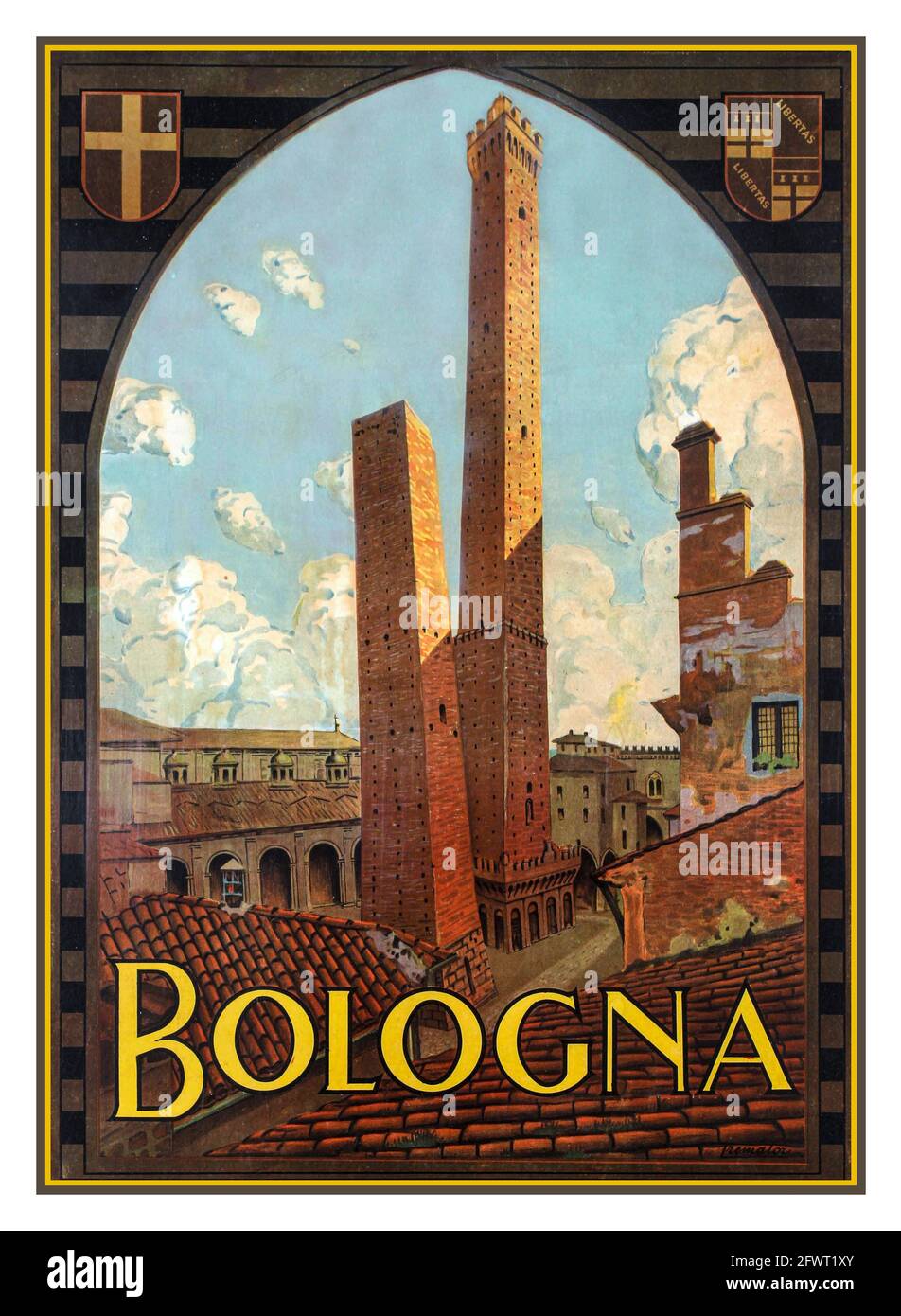 Vintage Bologna by Trematore 1930 VINTAGE ORIGINAL italien AFFICHE LITHOGRAPHIE Bologna Italie Retro affiche publicitaire de la ville de Bologne avec les deux tours historiques de Garisenda et Asinelli. Banque D'Images
