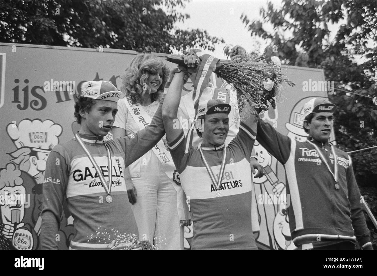 NK Road cyclisme à Geulle (amateurs et dames); 1, 2, 3 parmi les amateurs ad van de Poel (2e), René Koppert (1er, nouveau champion Ned. Parmi les amateurs) et Hans. Boom, 20 juin 1981, sport amateur, course de vélo, Pays-Bas, Agence de presse du XXe siècle photo, nouvelles à retenir, documentaire, photographie historique 1945-1990, histoires visuelles, L'histoire humaine du XXe siècle, immortaliser des moments dans le temps Banque D'Images