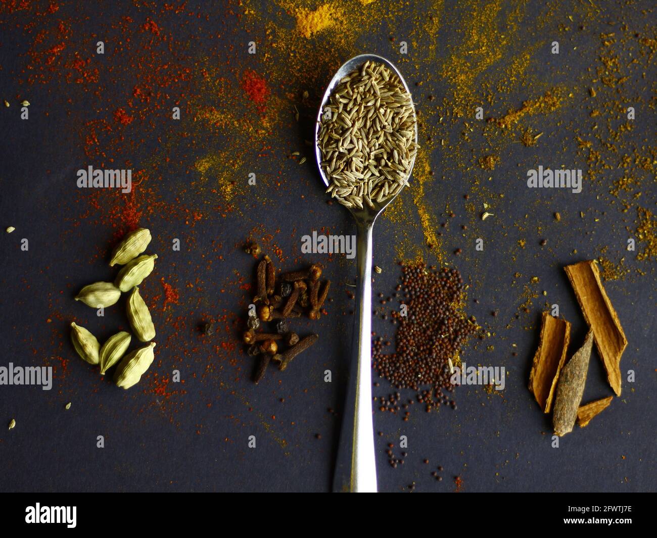 Épices indiennes, graines de cumin sur cuillère, graines de moutarde, cannelle, cardamon et clous de girofle sur fond sombre Banque D'Images