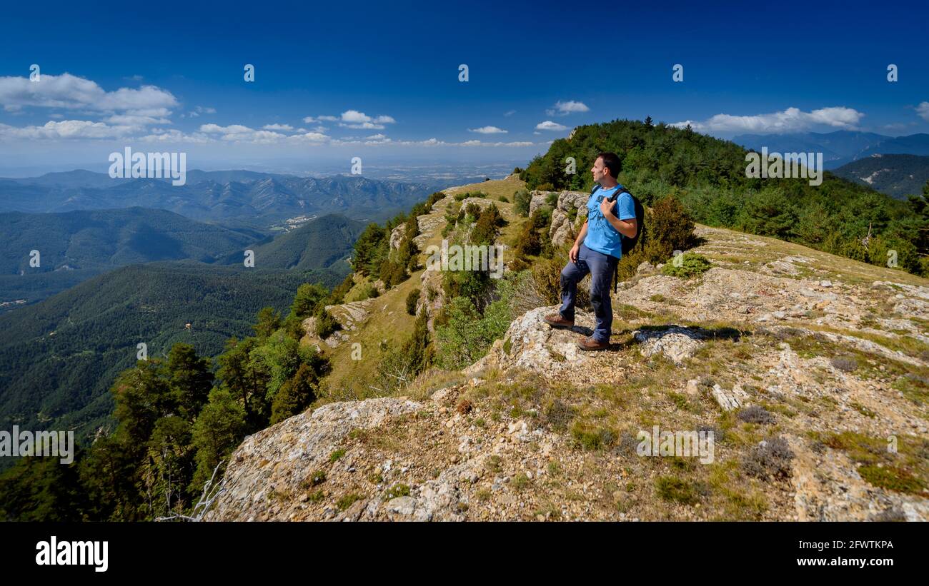 Randonneur regardant les Pyrénées orientales depuis la Serra del Catllaràs en été (Berguedà, Barcelone, Catalogne, Espagne, Pyrénées) Banque D'Images