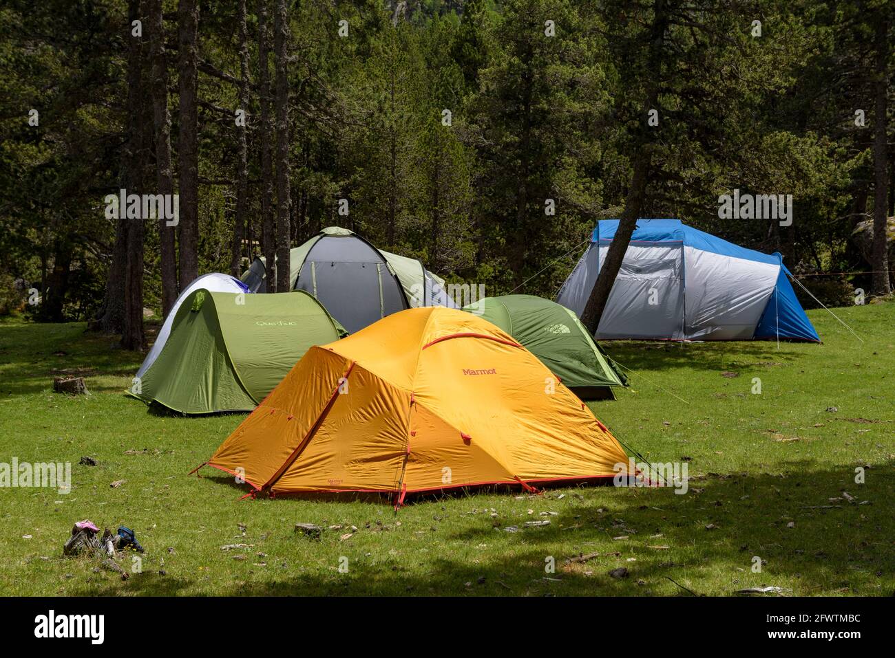Vallée de Llosa à la Cerdanya. Camping tentes dans la vallée au printemps (Cerdanya, Catalogne, Espagne, Pyrénées) ESP: Valle de la Llosa. Tiendas de cámping Banque D'Images