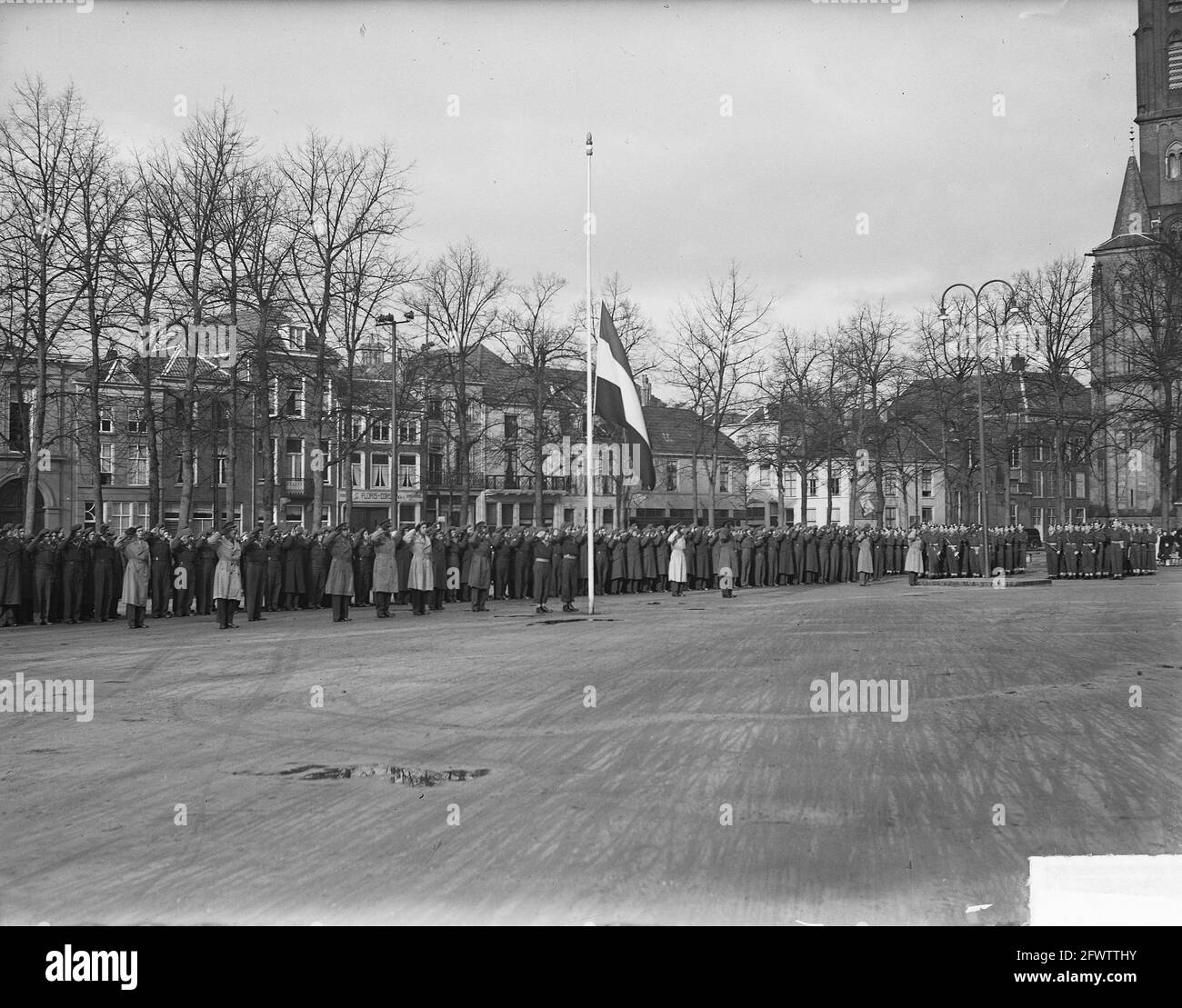 Réception 3 Régiment Stoottroepen à Den Bosch. Les soldats sont à l'attention de la Parade à l'élévation du drapeau hollandais, 17 janvier 1950, arbres, façades, défilés militaires, soldats, carrés, uniformes, drapeaux, Pays-Bas, Agence de presse du XXe siècle photo, nouvelles à retenir, documentaire, photographie historique 1945-1990, histoires visuelles, L'histoire humaine du XXe siècle, immortaliser des moments dans le temps Banque D'Images