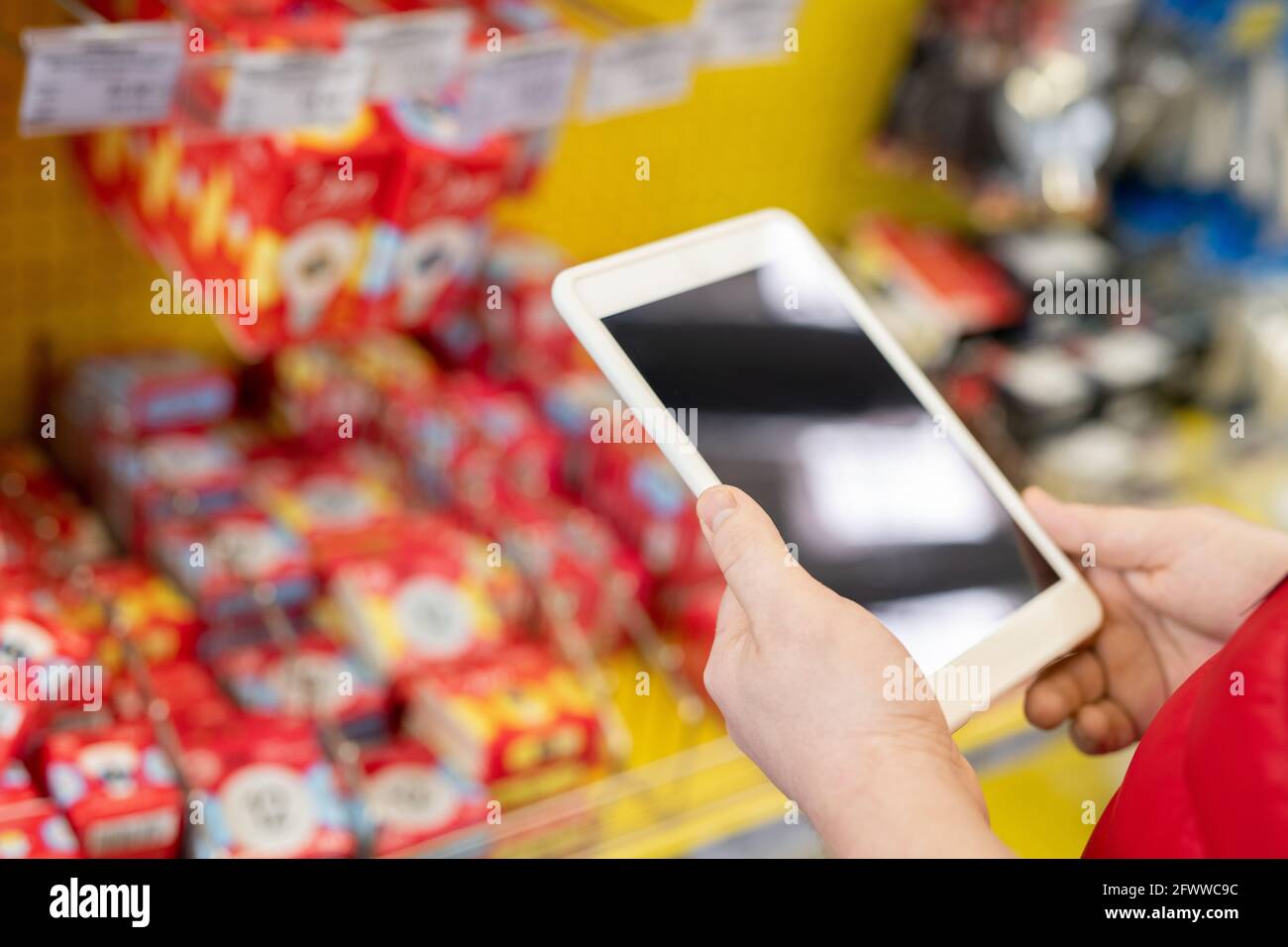 Tablette numérique entre les mains de l'assistant de magasin de matériel Banque D'Images