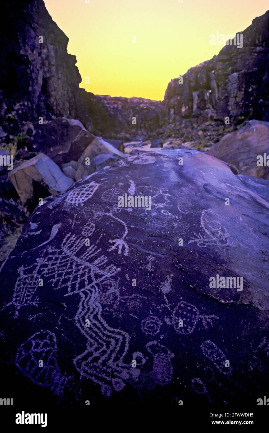 Pétroglyphes shaman et Abstract; Iny-8 à Renegade Canyon; dans les montagnes Coso de Californie; États-Unis Banque D'Images