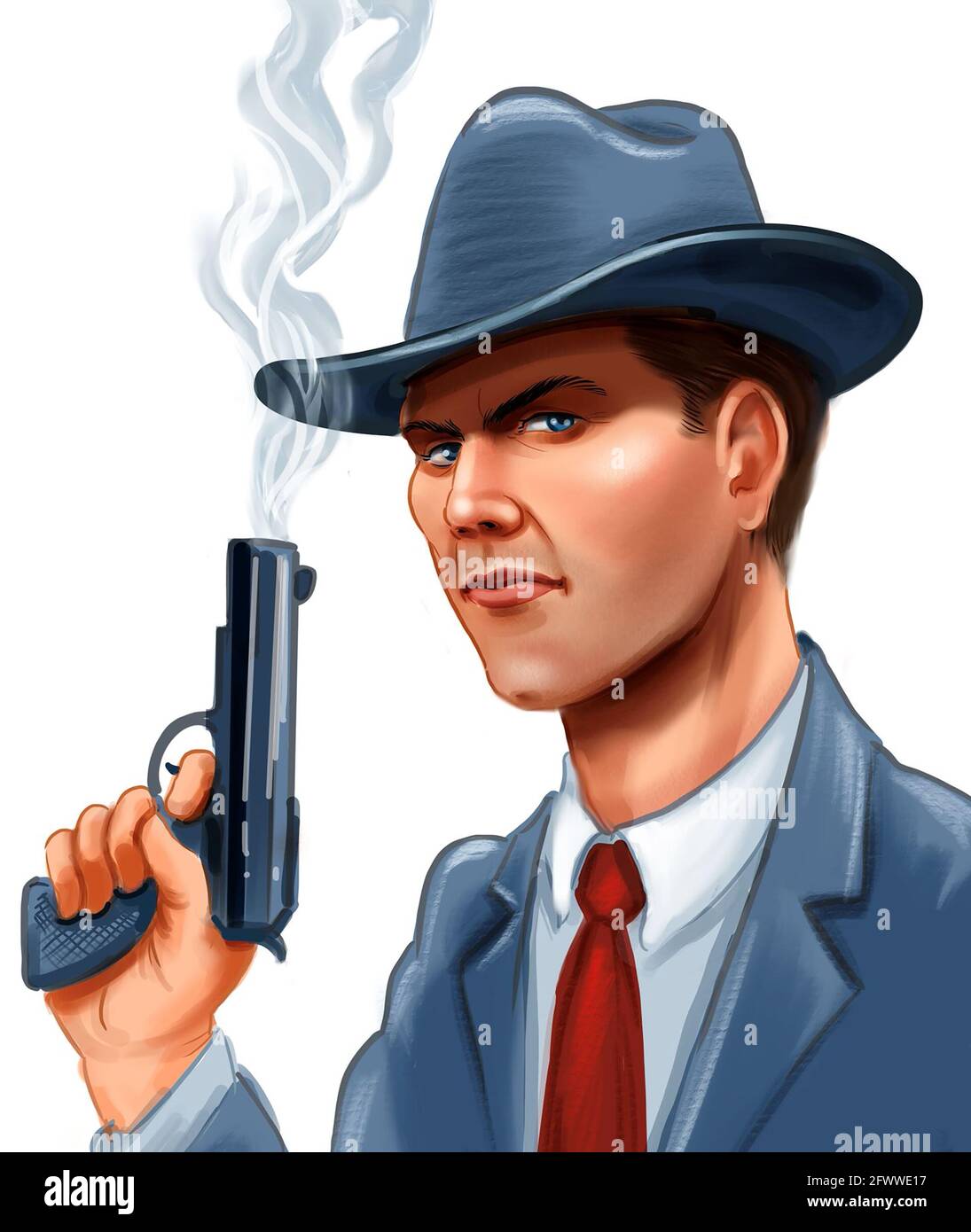 Gangster américain avec un pistolet fumeur. Illustration numérique Banque D'Images