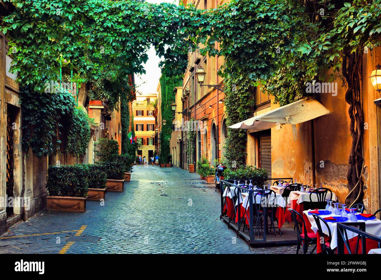 Belle ancienne rue de Rome bordée de vignes verdoyantes et de tables de cafés, Italie Banque D'Images