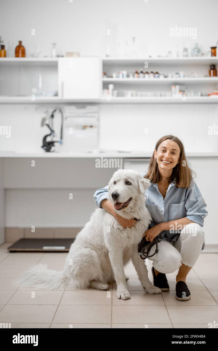 Un portrait de la jeune femme propriétaire avec un grand chien blanc attendant le vétérinaire en clinique vétérinaire. Concept de soins pour animaux Banque D'Images