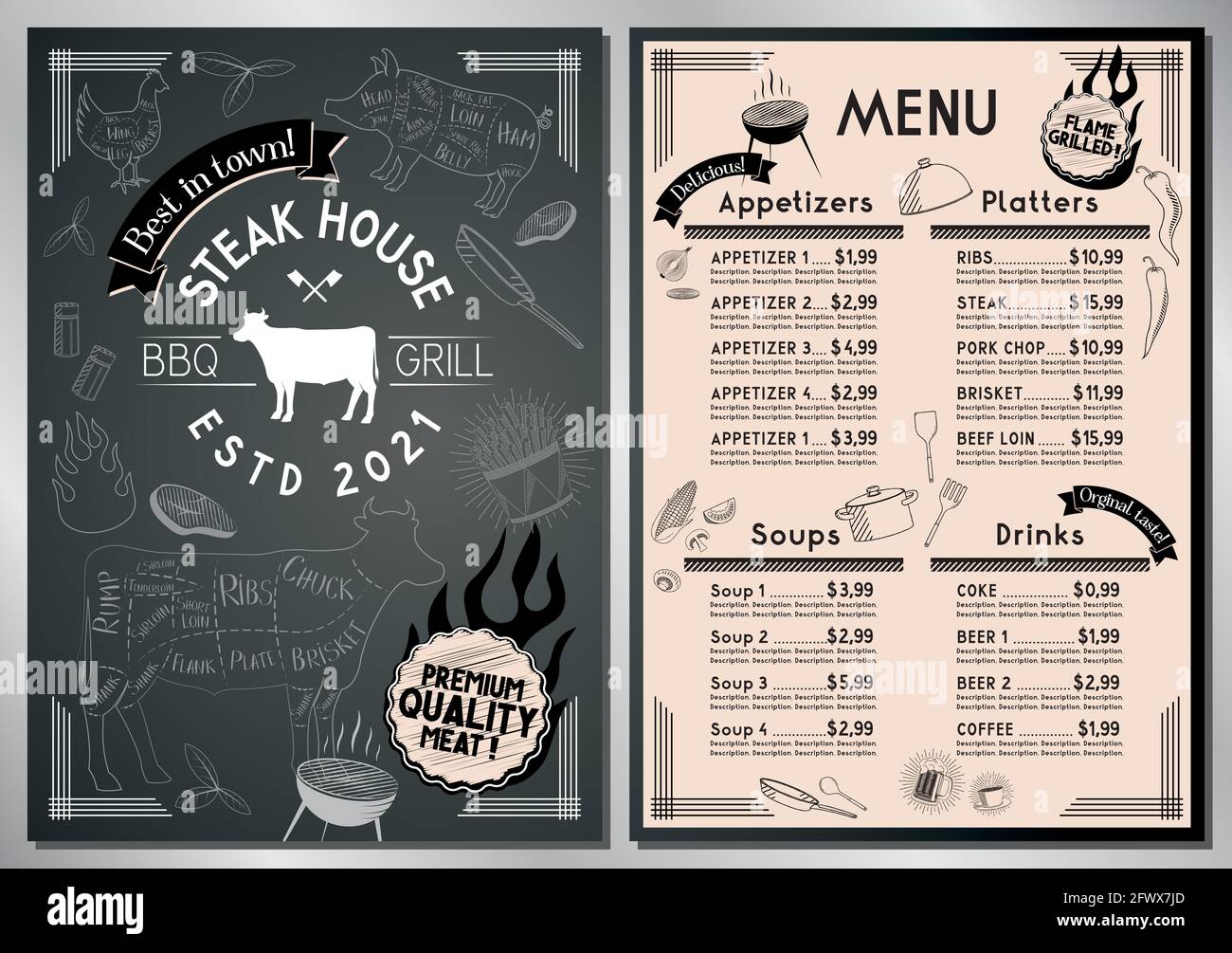 Steak House, grille-barbecue, modèle de menu - carte A4 (biftecks, hors-d'œuvre, accompagnements, soupes, boissons) Illustration de Vecteur