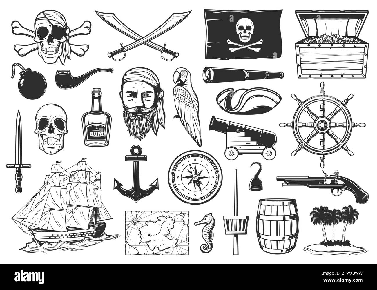 Pirates et trésors carte icônes, Caraïbes île et aventure de mer, vecteur. Pirates drapeau Joyeux Roger, ancre et boussole, canon de rhum et bombes de canon Illustration de Vecteur