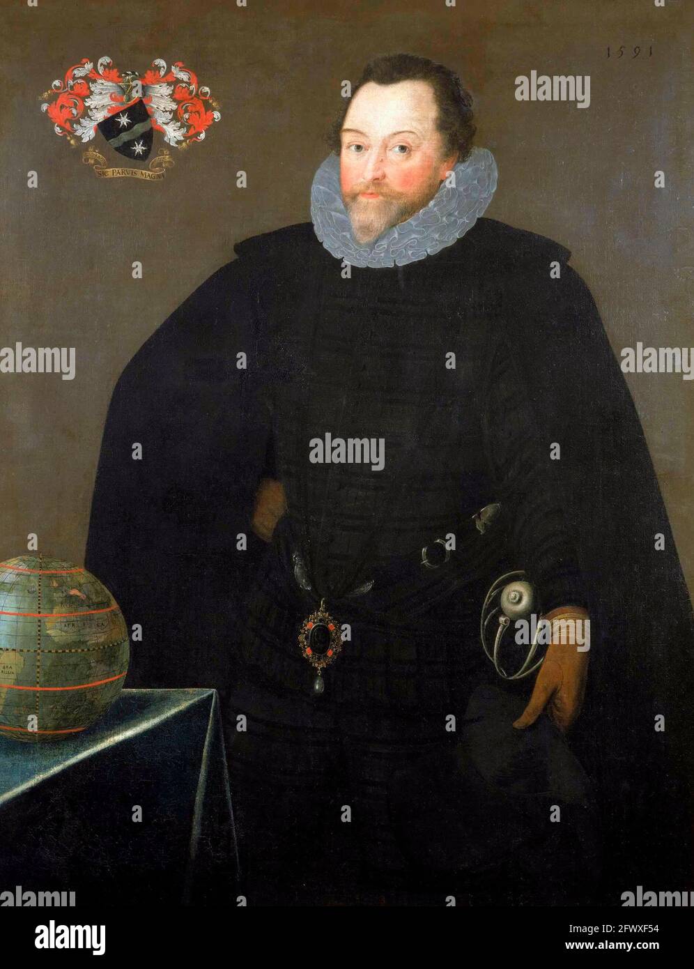 Sir Francis Drake portant le bijou de Drake ou la pendentif de Drake à sa taille - Marcus Gheeraerts le plus jeune, 1591 Banque D'Images
