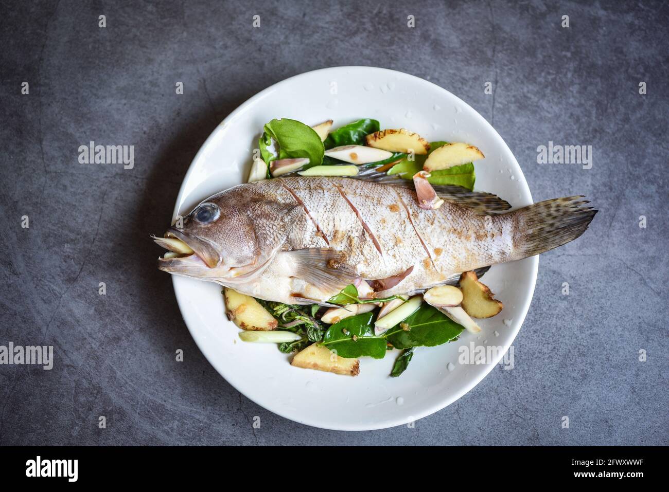 Poisson frais à base de mérou sur assiette avec herbes et épices pour les  plats cuisinés, poissons de mer à la vapeur Photo Stock - Alamy