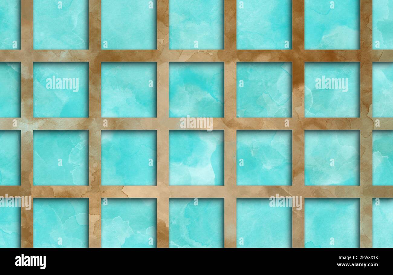 grille marron marbré sur fond bleu aquarelle dans un design abstrait, couleurs terre cuite et bleu aigue-marine tendance et texture peinte en lignes rayées Banque D'Images