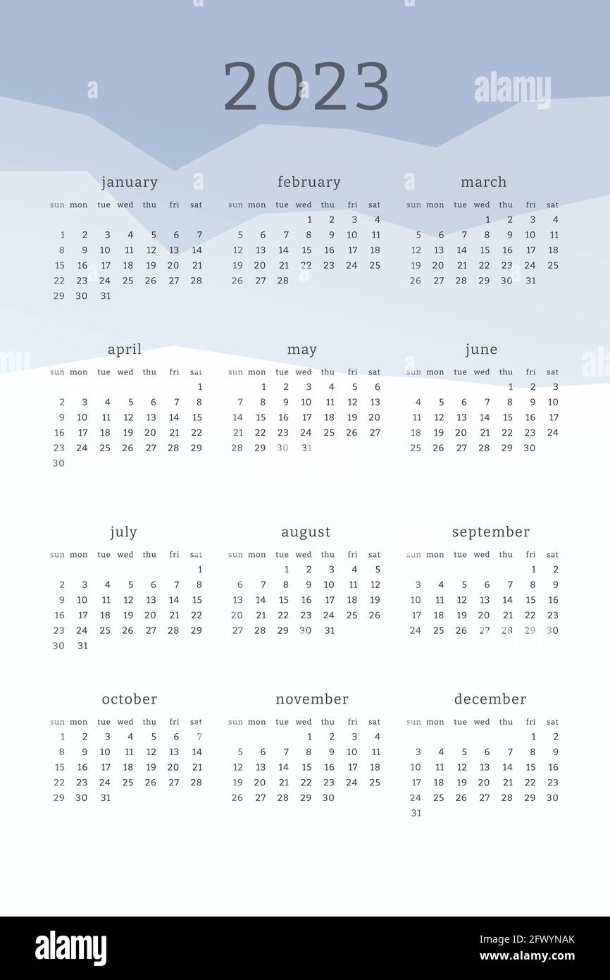 Calendrier Des Bleu 2023 Calendrier Vertical Bleu Pour 2023 Ans. Montagnes Silhouettes Abstrait  Dégradé Coloré Arrière-Plan. Conception De Calendrier Pour L'impression Et  Le Numérique. La Semaine Commence Image Vectorielle Stock - Alamy