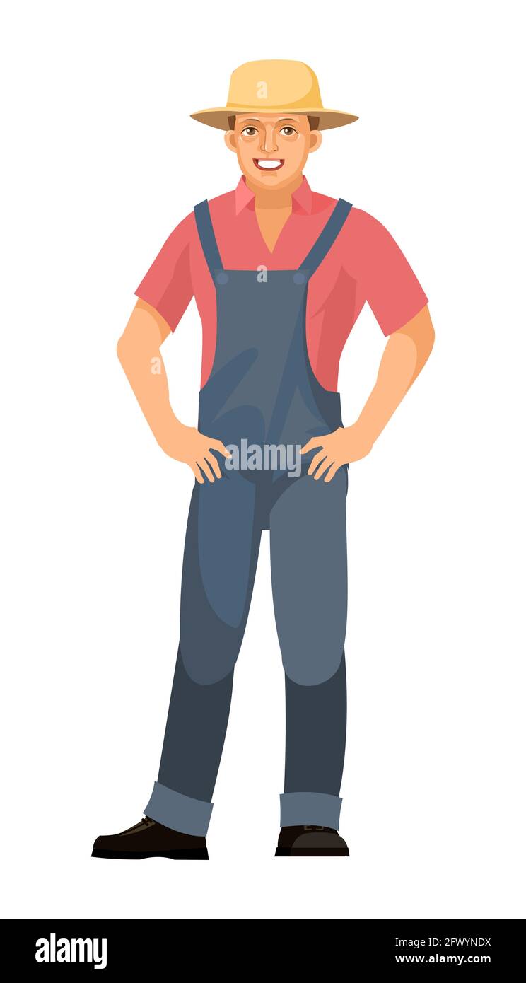 Un fermier est debout. Jeune beau garçon mignon portant un chapeau. Mains sur les hanches. Chance, qualité. En uniforme, combinaison. Simple. Style dessin animé plat. Illustrat Illustration de Vecteur