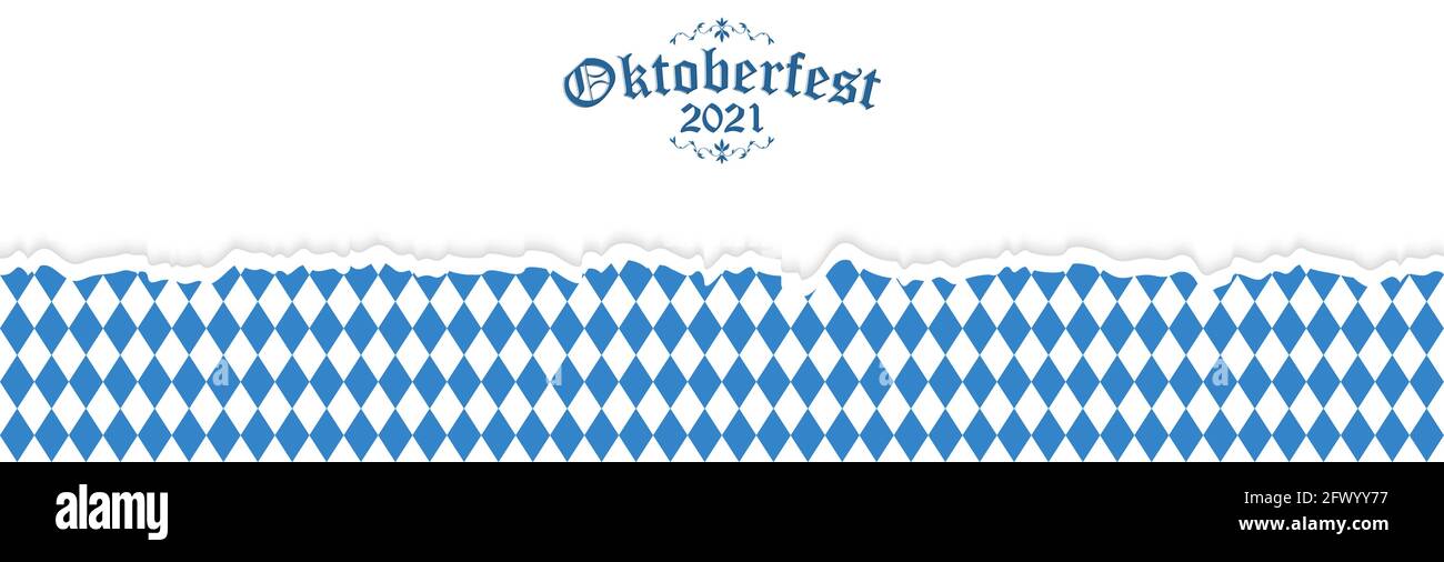 Arrière-plan de l'Oktoberfest avec papier ouvert déchiré avec motif à carreaux bleu-blanc Et texte Oktoberfest 2021 Illustration de Vecteur