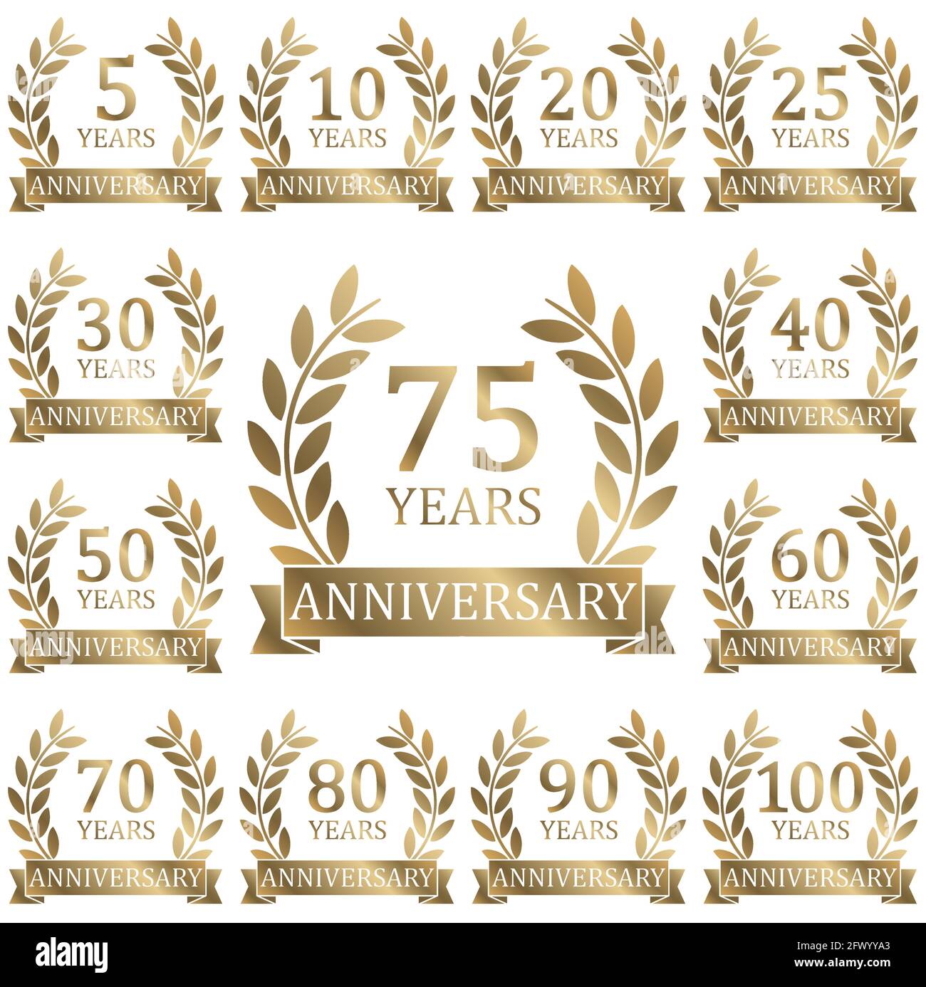 fichier vectoriel eps avec collection de couronne de laurier dorée sur blanc contexte de la réussite ou du jubilé d'entreprise avec le texte 5 à 100 ans Illustration de Vecteur