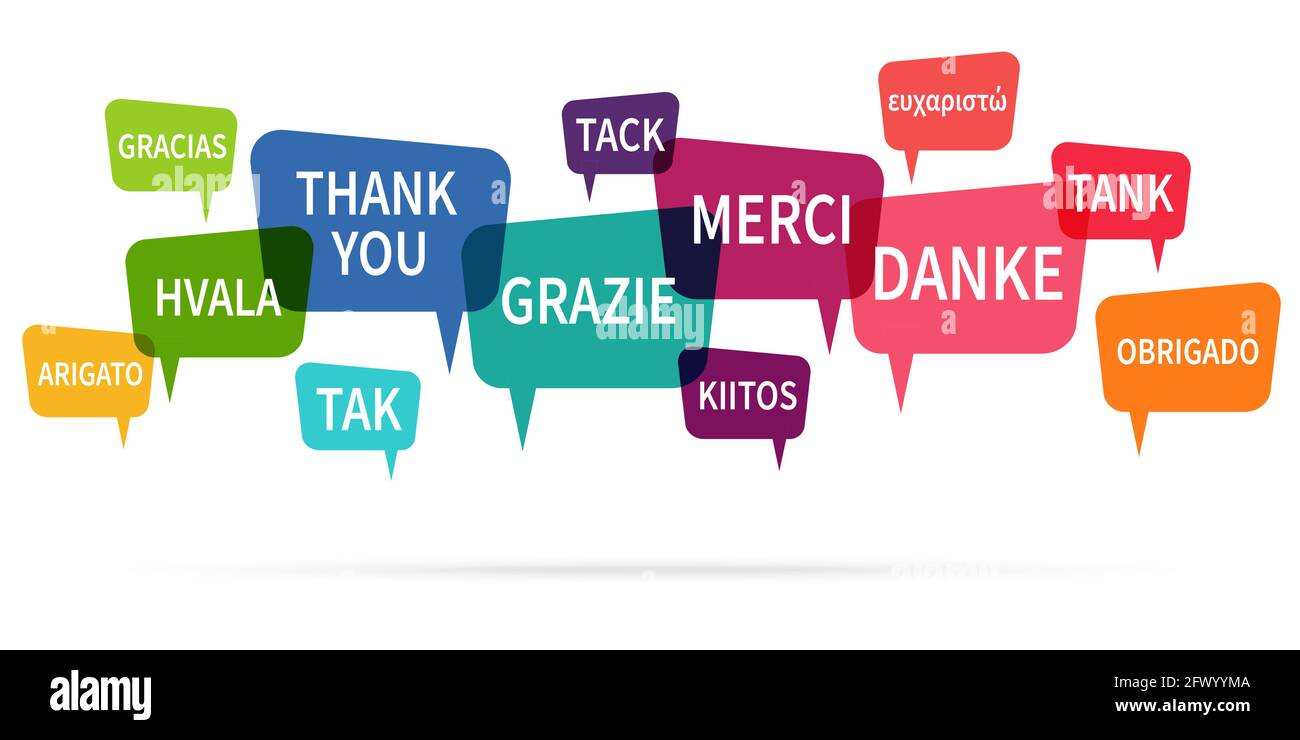 Illustration vectorielle EPS 10 de bulles de voix colorées isolées sur fond blanc avec texte de bienvenue ' merci ' dans différentes langues Illustration de Vecteur
