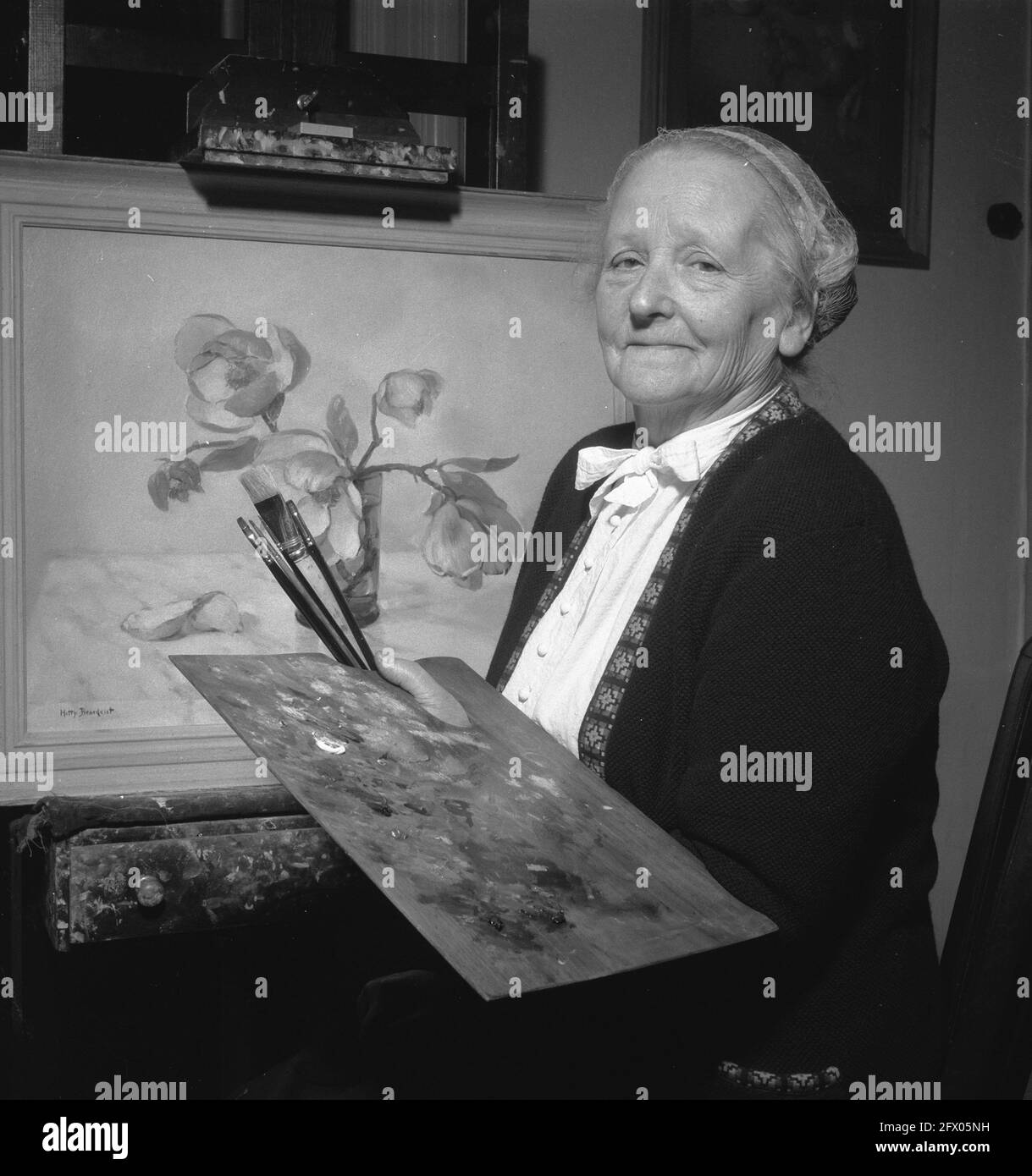 Painteress Hetty Broedelet-Henkes aura 80 ans le 18 janvier 9, 1957, portraits, peinture, Peintres, pays-Bas, Agence de presse du XXe siècle photo, nouvelles à retenir, documentaire, photographie historique 1945-1990, histoires visuelles, L'histoire humaine du XXe siècle, immortaliser des moments dans le temps Banque D'Images