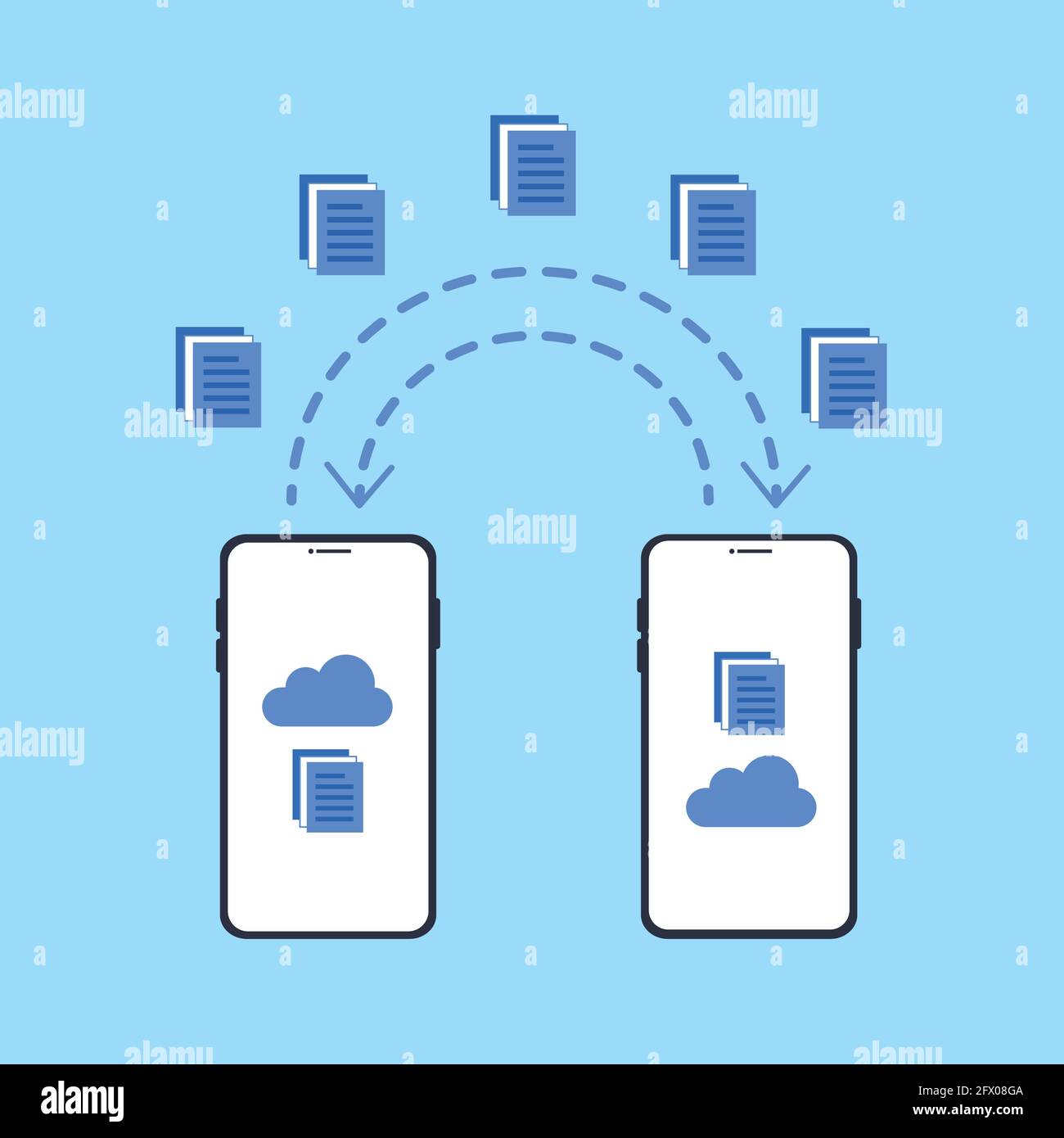 Transfert de fichiers sur smartphone. Transmission de données, récepteur de fichiers FTP et copie de sauvegarde du téléphone. Concept de partage de documents Illustration de Vecteur