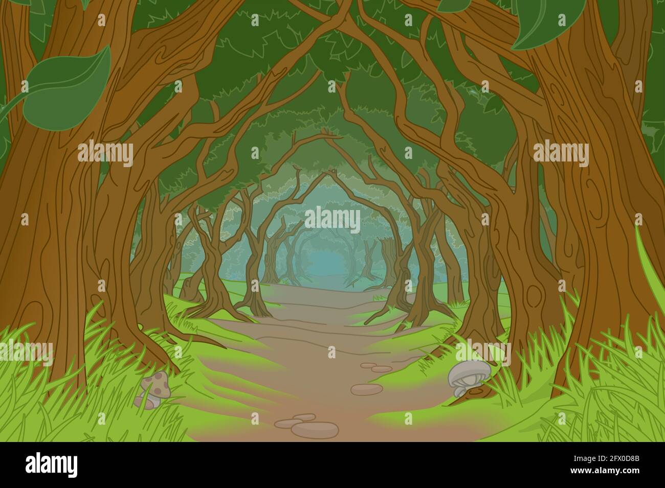 Forêt arbres arrière-plan fantaisie paysage scène Illustration de Vecteur