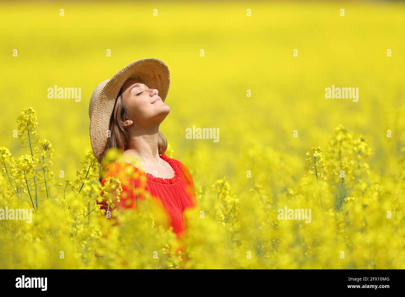 Femme heureuse avec pameta respirer de l'air frais dans un jaune champ au printemps Banque D'Images