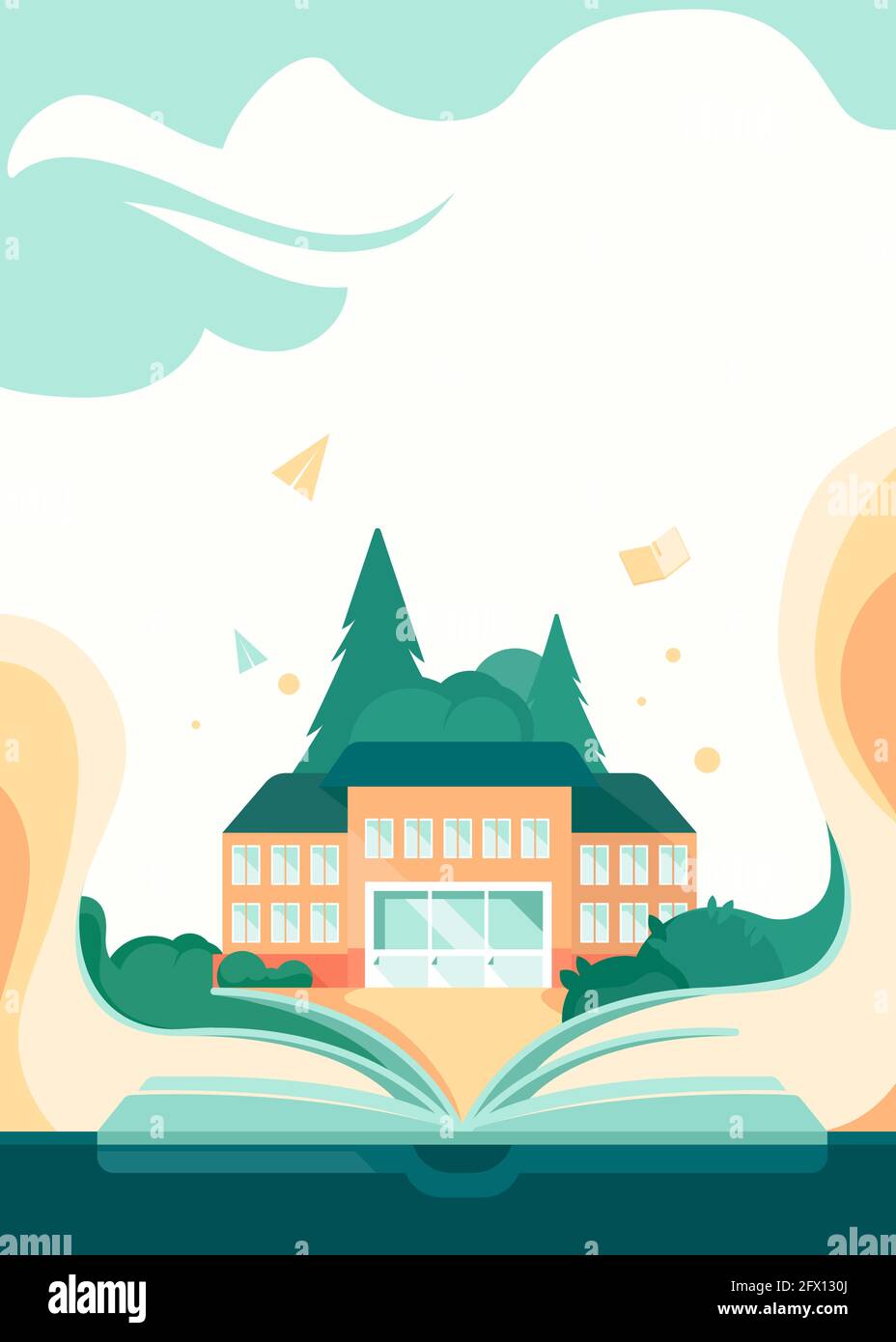 Modèle d'affiche avec livre et bâtiment d'école. Motif circulaire de style plat. Illustration de Vecteur