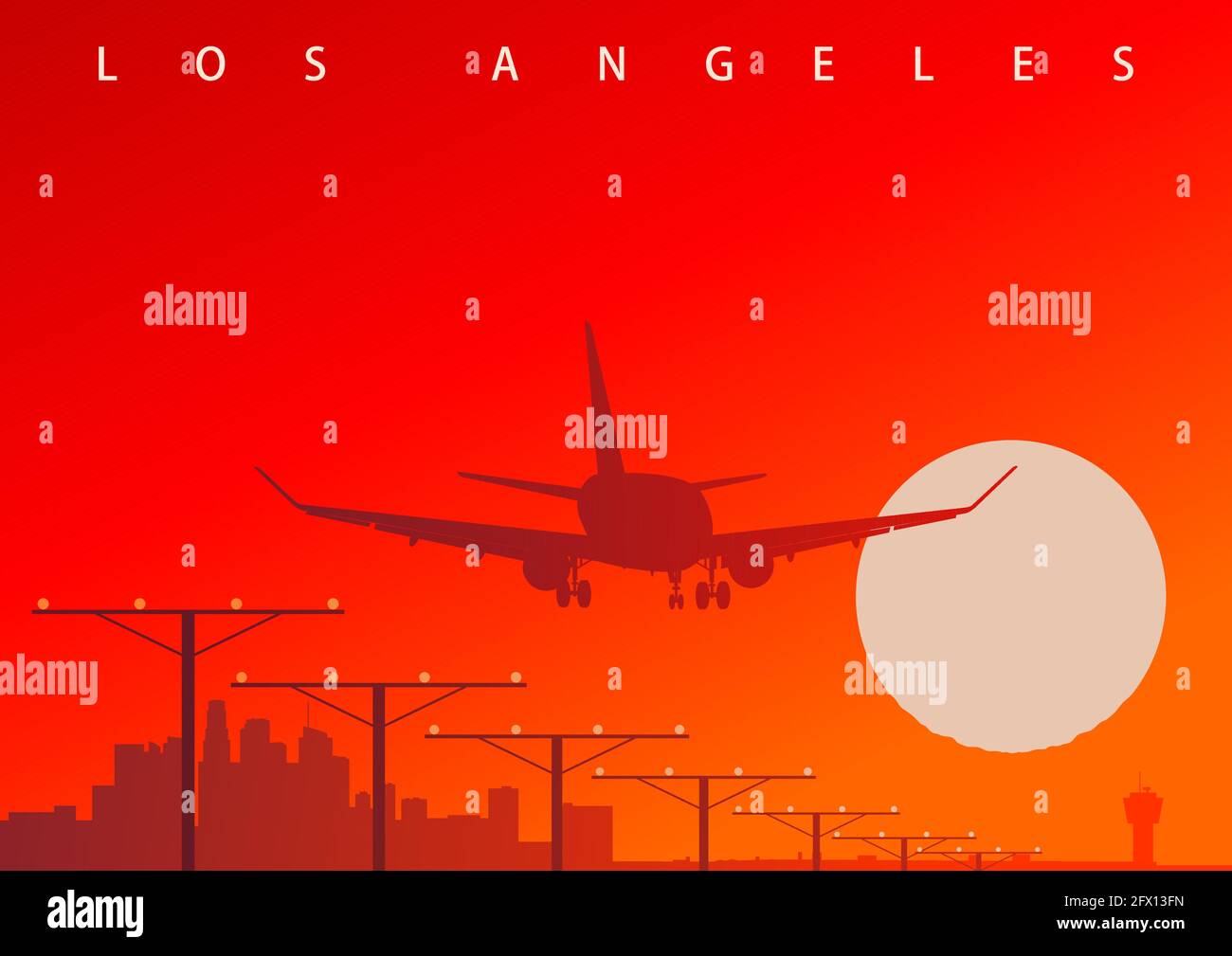 Un avion de ligne commercial débarquant à l'aéroport de Los Angeles pendant le coucher du soleil. Illustration vectorielle d'origine (non dérivée) Illustration de Vecteur