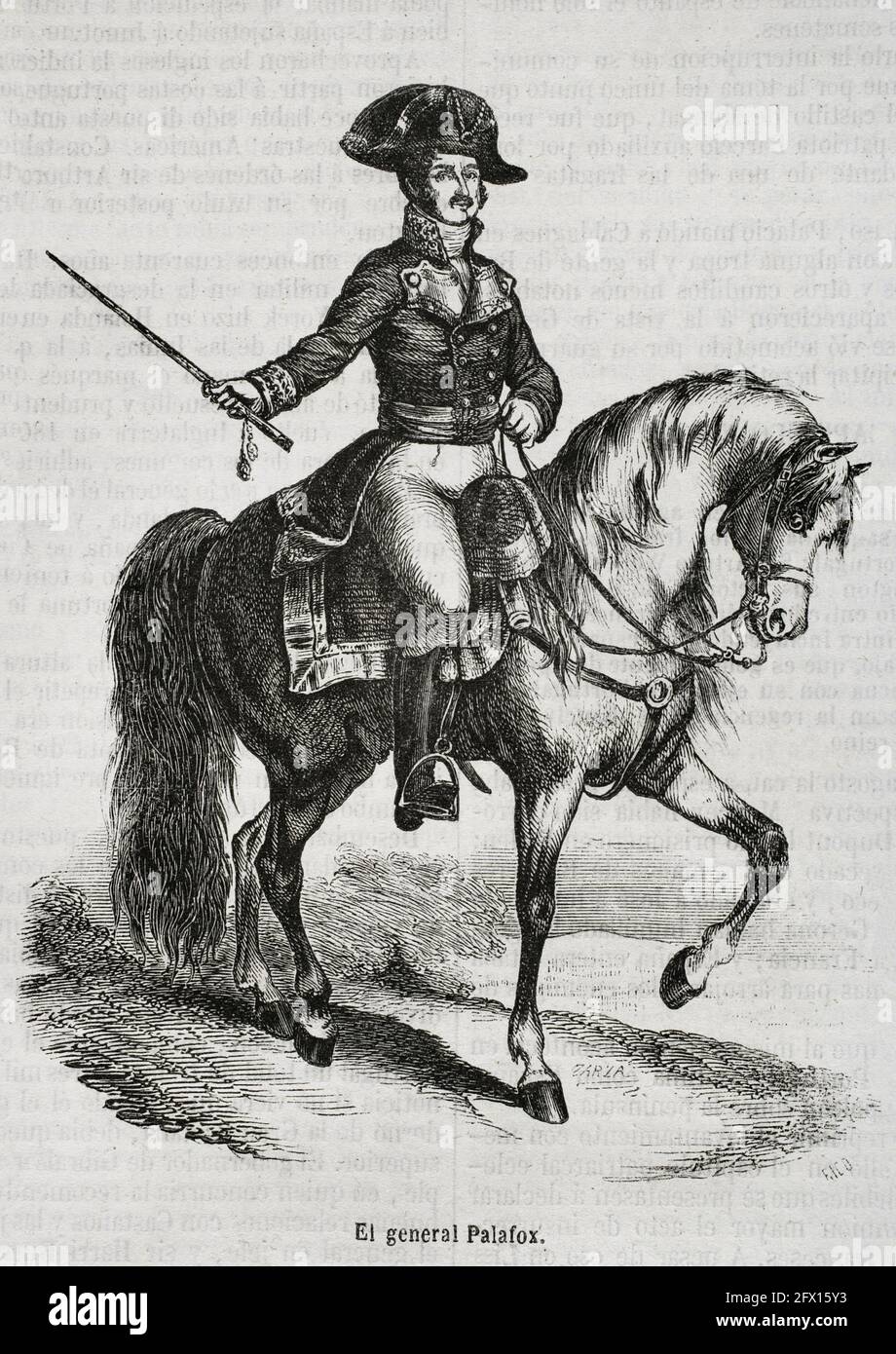 José de Palafox, 1er duc de Saragosse (1775-1847). Général espagnol à la guerre péninsulaire. Portrait. Illustration de Zarza. Gravure de Rico. Historia général de España par le Père Mariana. Madrid, 1853. Banque D'Images