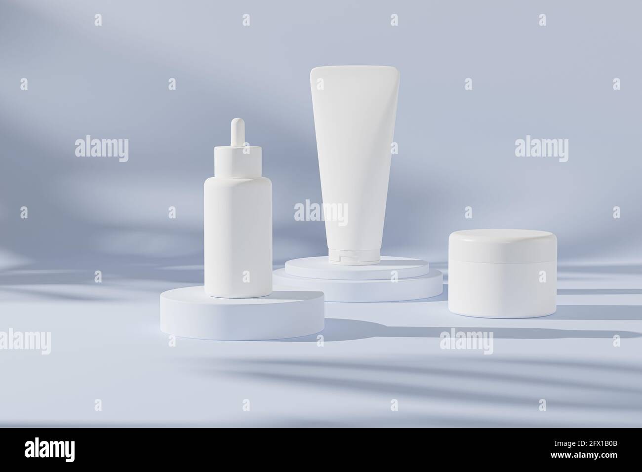 Flacon compte-gouttes, tube de lotion et pot à crème Mockup pour produits cosmétiques ou publicité sur fond bleu neutre, rendu d'illustration 3d Banque D'Images