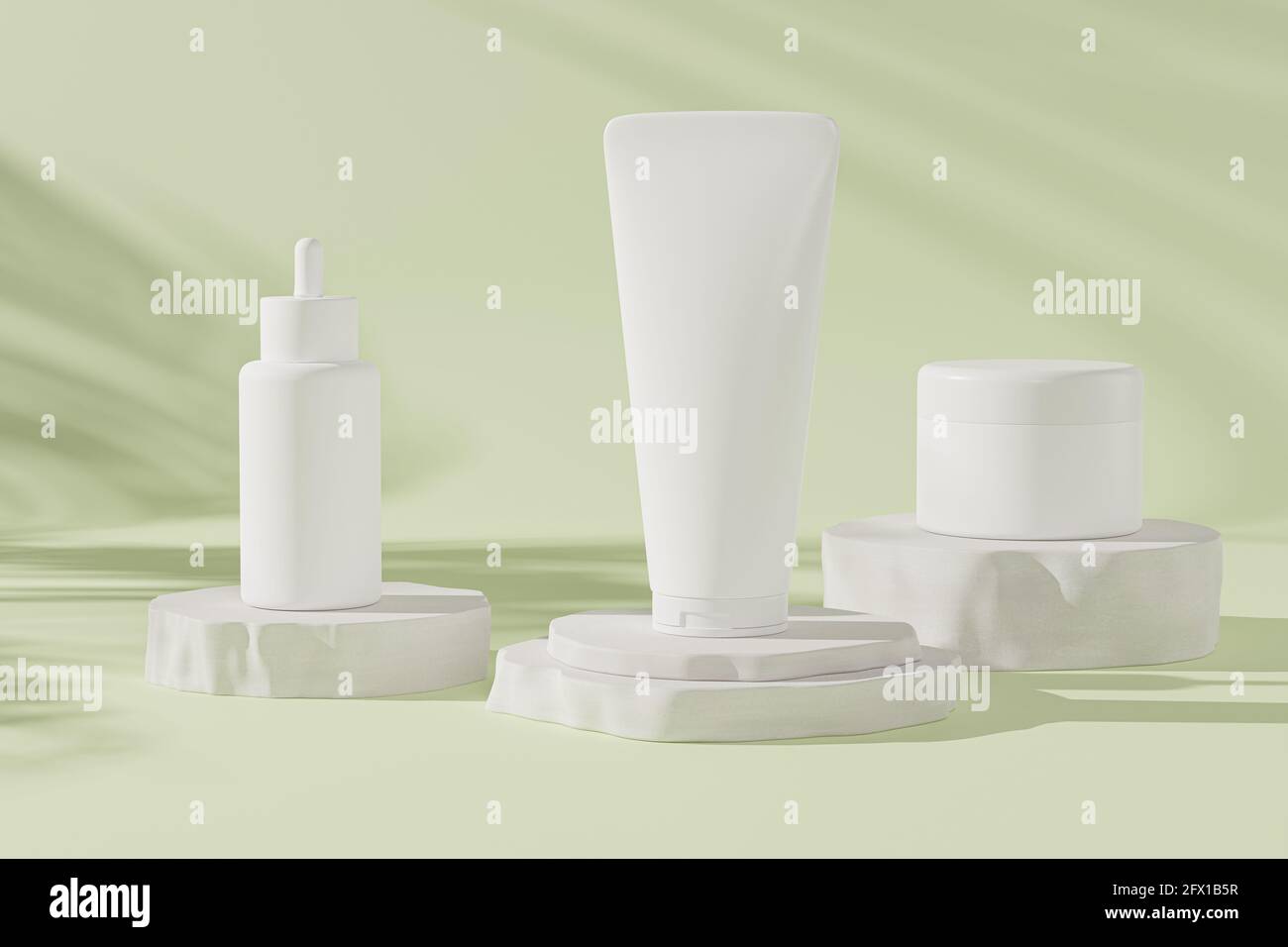 Flacon compte-gouttes, tube de lotion et pot à crème pour produits cosmétiques ou publicité sur fond vert pastel, rendu d'illustration 3d Banque D'Images