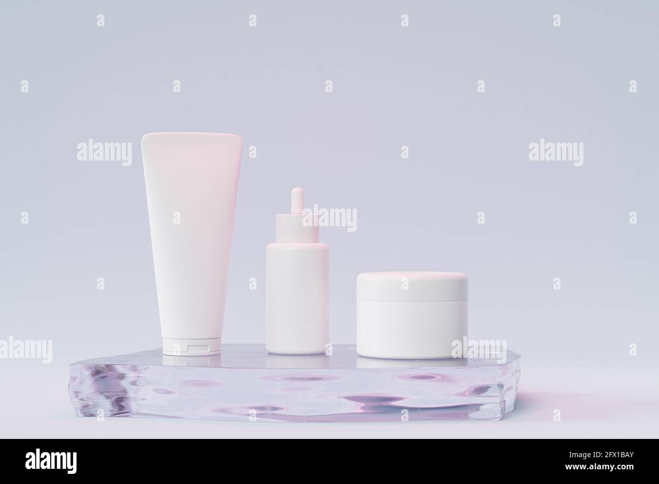 Flacon compte-gouttes, tube de lotion et pot à crème Mockup pour produits cosmétiques ou publicité sur podium en verre, rendu d'illustration 3d Banque D'Images