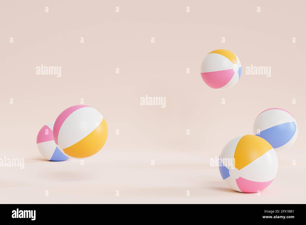 Arrière-plan beige d'été avec ballons gonflables de plage, espace de copie, rendu minimal d'illustration 3d Banque D'Images