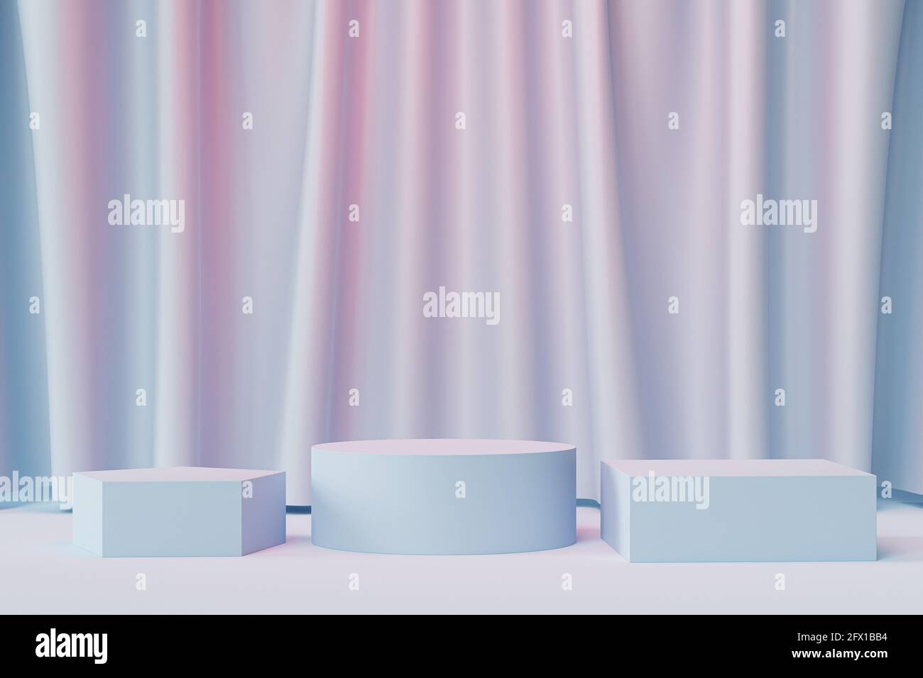 Podiums géométriques ou socles pour produits ou publicité sur fond bleu neutre et rose avec rideaux, rendu minimal de l'illustration 3d Banque D'Images