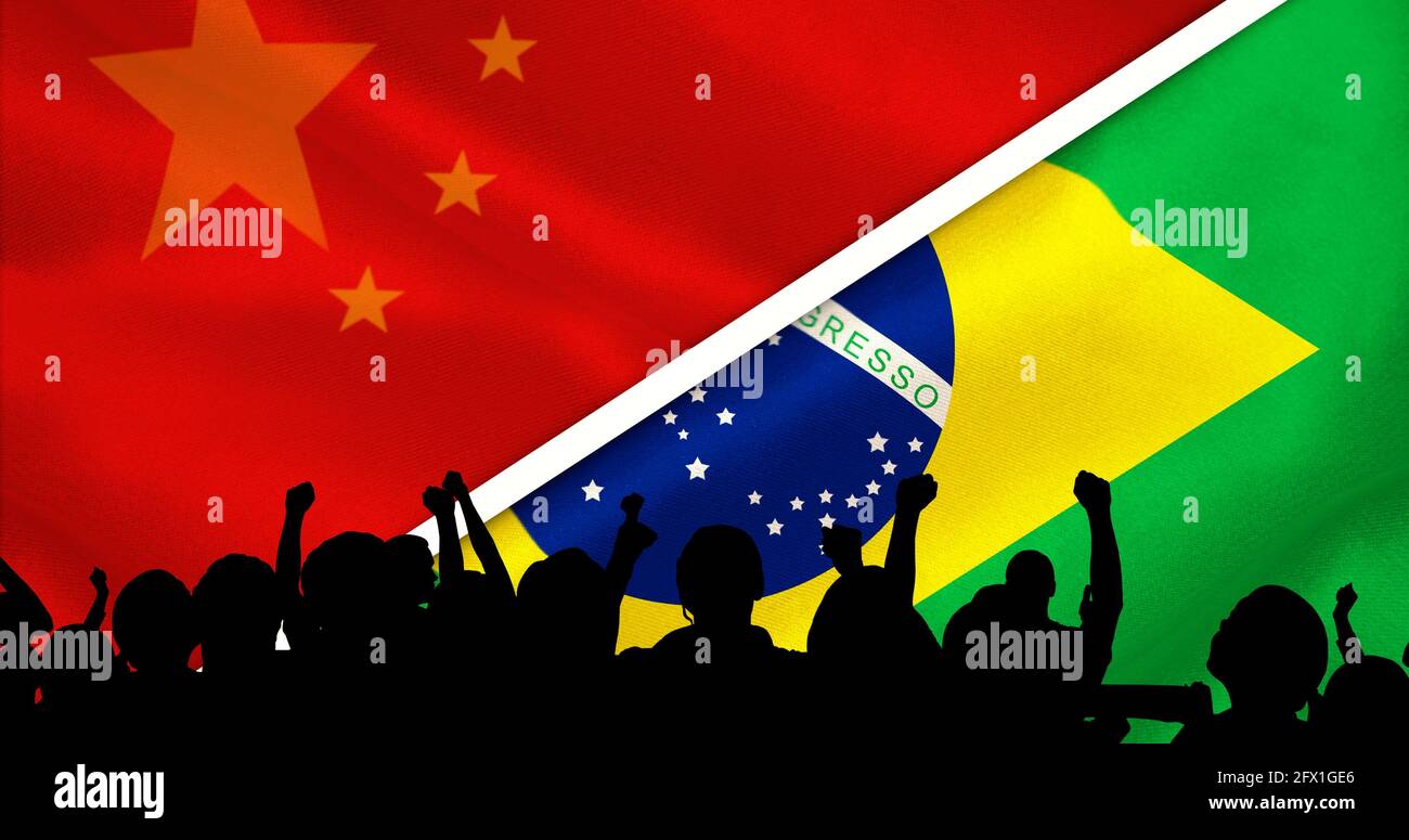 Composition de la silhouette des fans de sport et chinois et brésilien drapeaux Banque D'Images