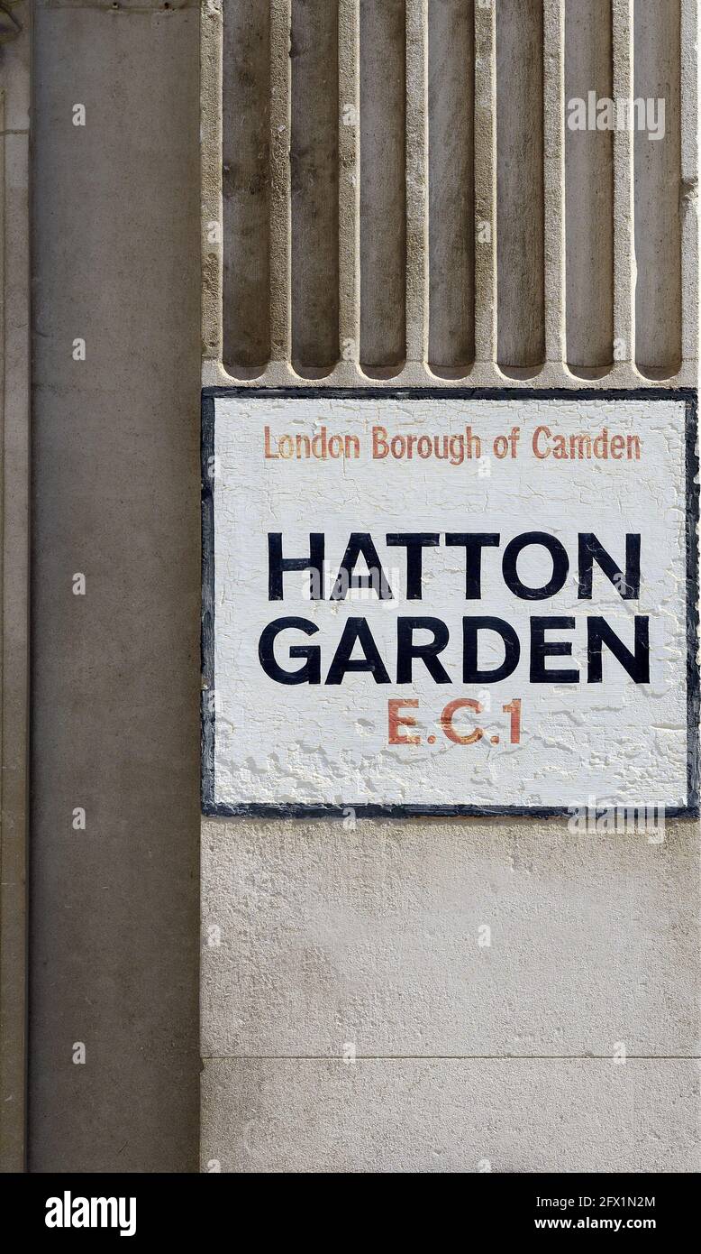 Londres, Angleterre, Royaume-Uni. Panneau de rue : Hatton Garden, Camden, WC2 Banque D'Images