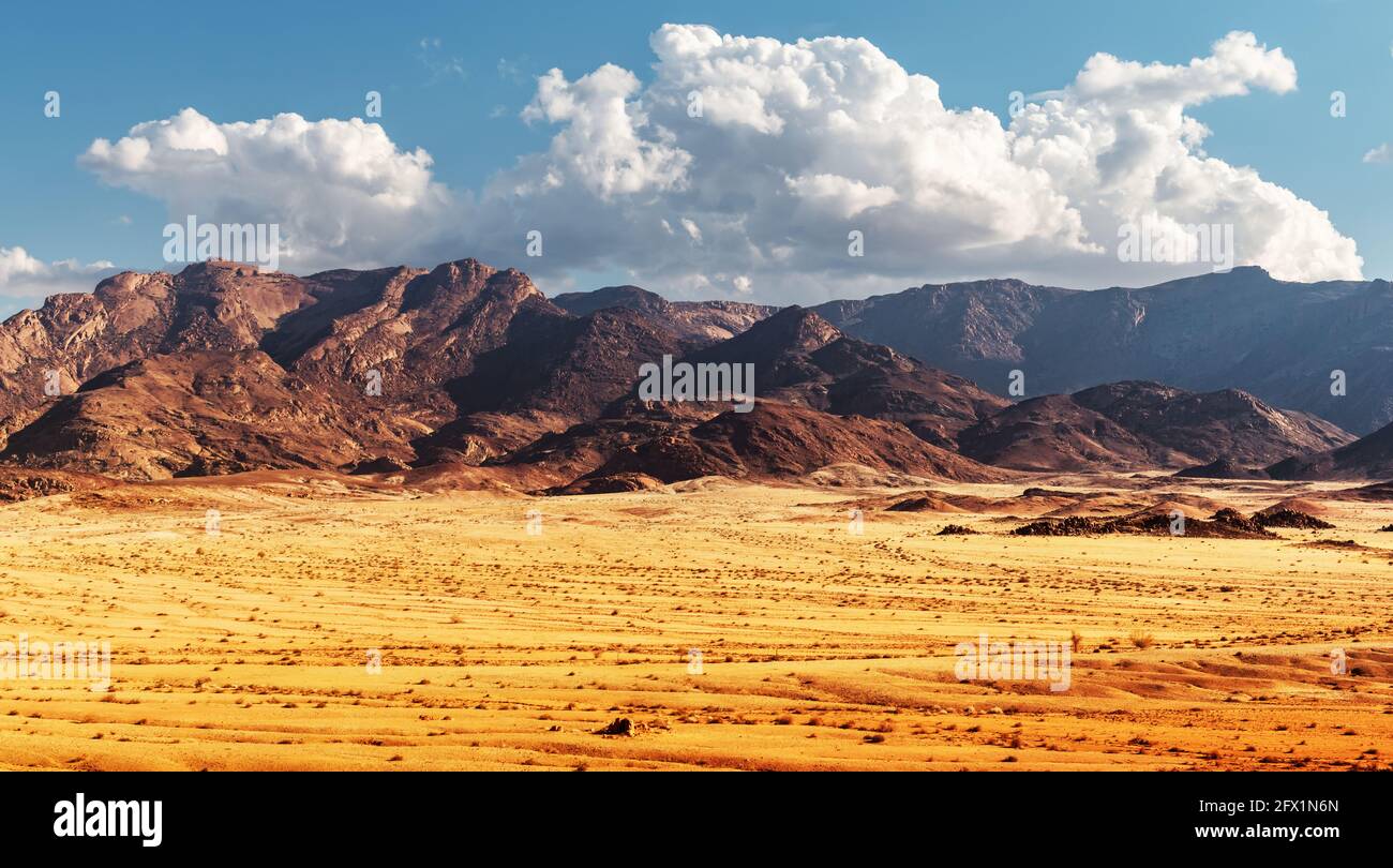 Rochers du désert de Namib, Namibie, Afrique. Montagnes rouges et savane jaune avec fond bleu ciel. Photographie de paysage Banque D'Images