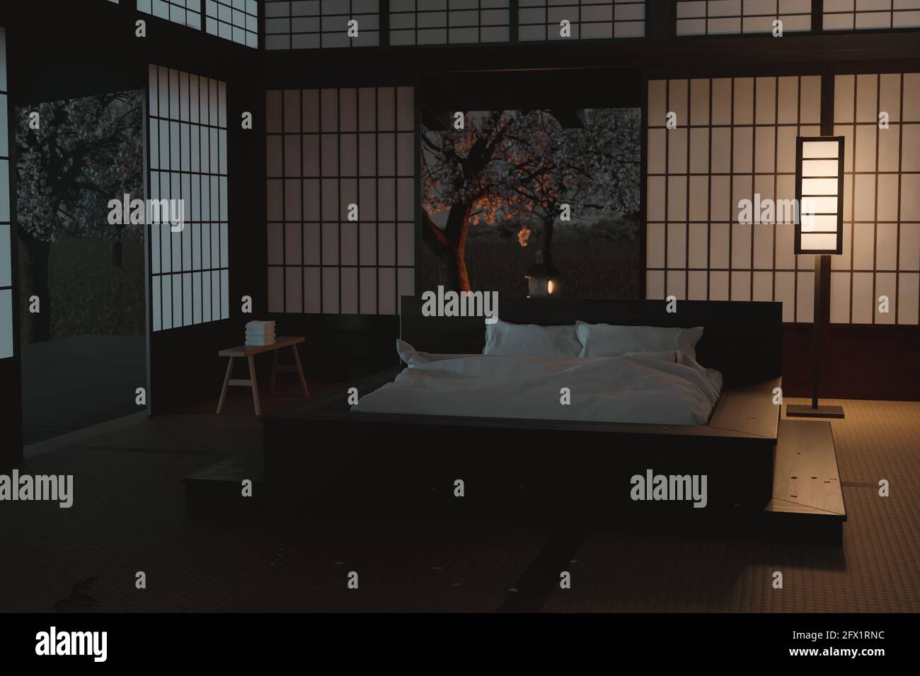 rendu 3d d'une chambre japonaise traditionnelle la nuit Banque D'Images