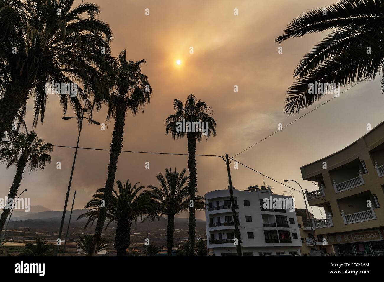 Soleil obscurci par la fumée d'un feu de forêt dans la région d'Arico des forêts de pins vues de Playa San Juan, Tenerife, îles Canaries, Espagne Banque D'Images